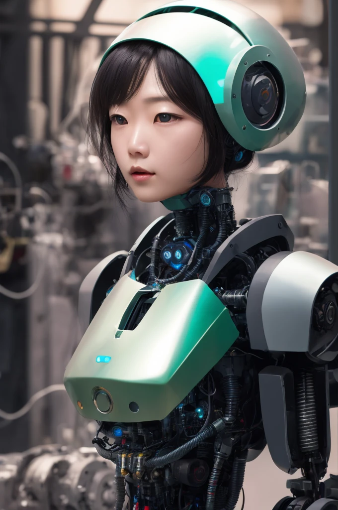 2 depicting an android based on a 39-year-old Japanese woman being repaired.5D art please。She has brown wavy hair in a ponytail.、has green eyes。Her figure is chubby and glamorous.、The body is made of silver metallic metal.、Draw the joints on the spherical mechanical parts.。You can now see her internal mechanisms and wiring as she has been modified as an android.、Please describe the situation during repair.。her expression is expressionless、The background is the atmosphere of a robot factory.、Please make the composition look like a manipulator or assembly robot is maintaining her body.