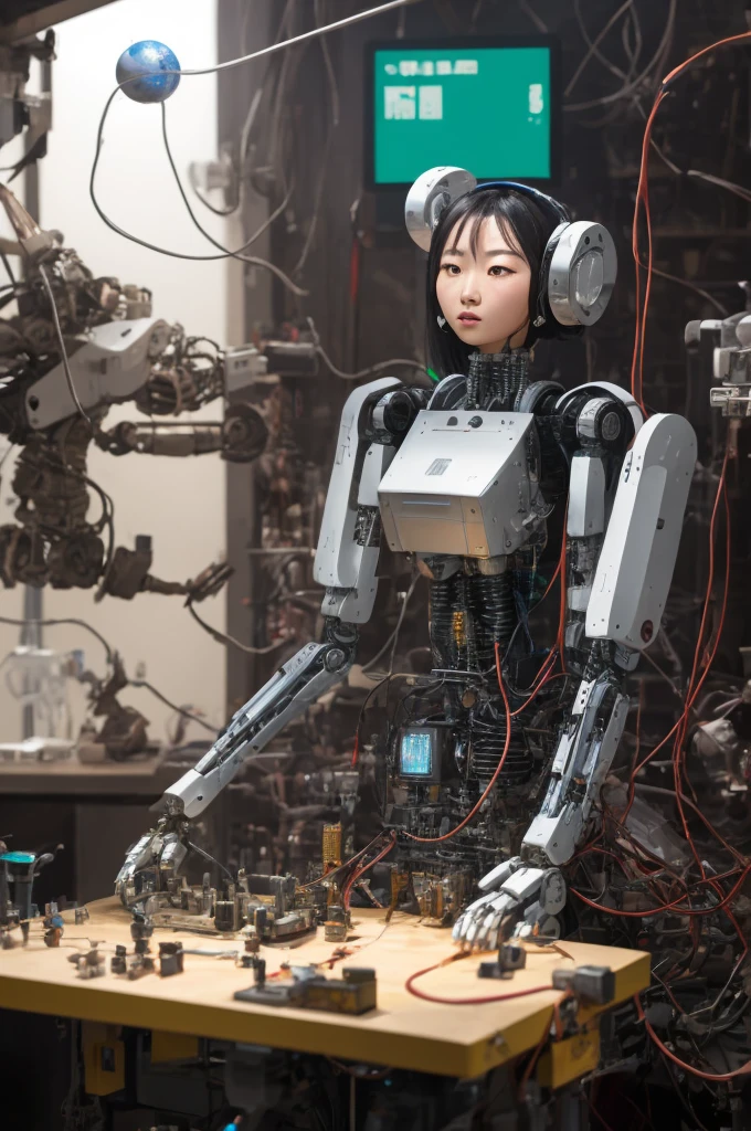2 depicting an android based on a 39-year-old Japanese woman being repaired.5D art please。She has brown wavy hair in a ponytail.、has green eyes。Her figure is chubby and glamorous.、The body is made of silver metallic metal.、Draw the joints on the spherical mechanical parts.。You can now see her internal mechanisms and wiring as she has been modified as an android.、Please describe the situation during repair.。her expression is expressionless、The background is the atmosphere of a robot factory.、Please make the composition look like a manipulator or assembly robot is maintaining her body.
