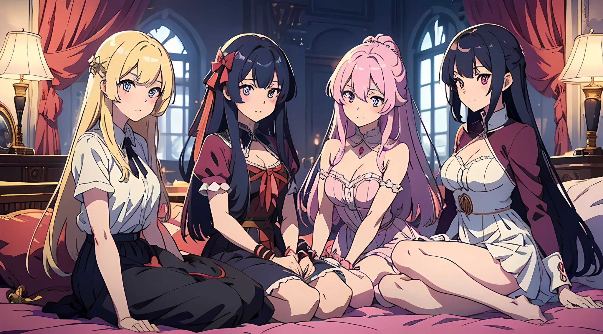 3 demon girls, girls with different hair colors, girls in dresses, young and beautiful, royal sister, young anime people, anime moe art style, watching audience, close-up, seductive expressions, rich colors, in luxurious villas, lying on the bed, vibrant appearance, playful accessories, creative behavior, imaginative, sensual, spontaneous, delicate facial features, clear facial expressions, detailed digital animation art, digital animation art, high-quality anime art style,