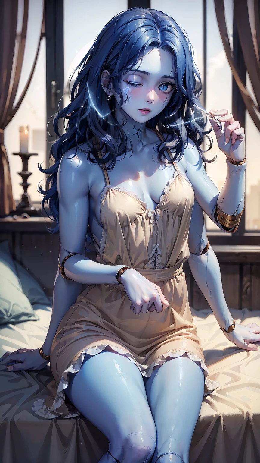 ((((masterpiece, best quality, high resolution)))), (1girl:1.5), ((wavy hair, cracked skin, colored skin, blue skin, doll joints, one eye closed, four arms)), (medium breasts:1.2), blush, light smile, parted lips, glow, thighs, bare shoulders, collarbone, narrow waist, (slender body figure), cleavage, (beautiful detailed face, beautiful detailed eyes), extra arms doll, joints, doll joints, ((white wedding dress, thin material, bridal veil, bridal garter)), ((sitting on the bed:1.5)), looking at viewer, nighttime