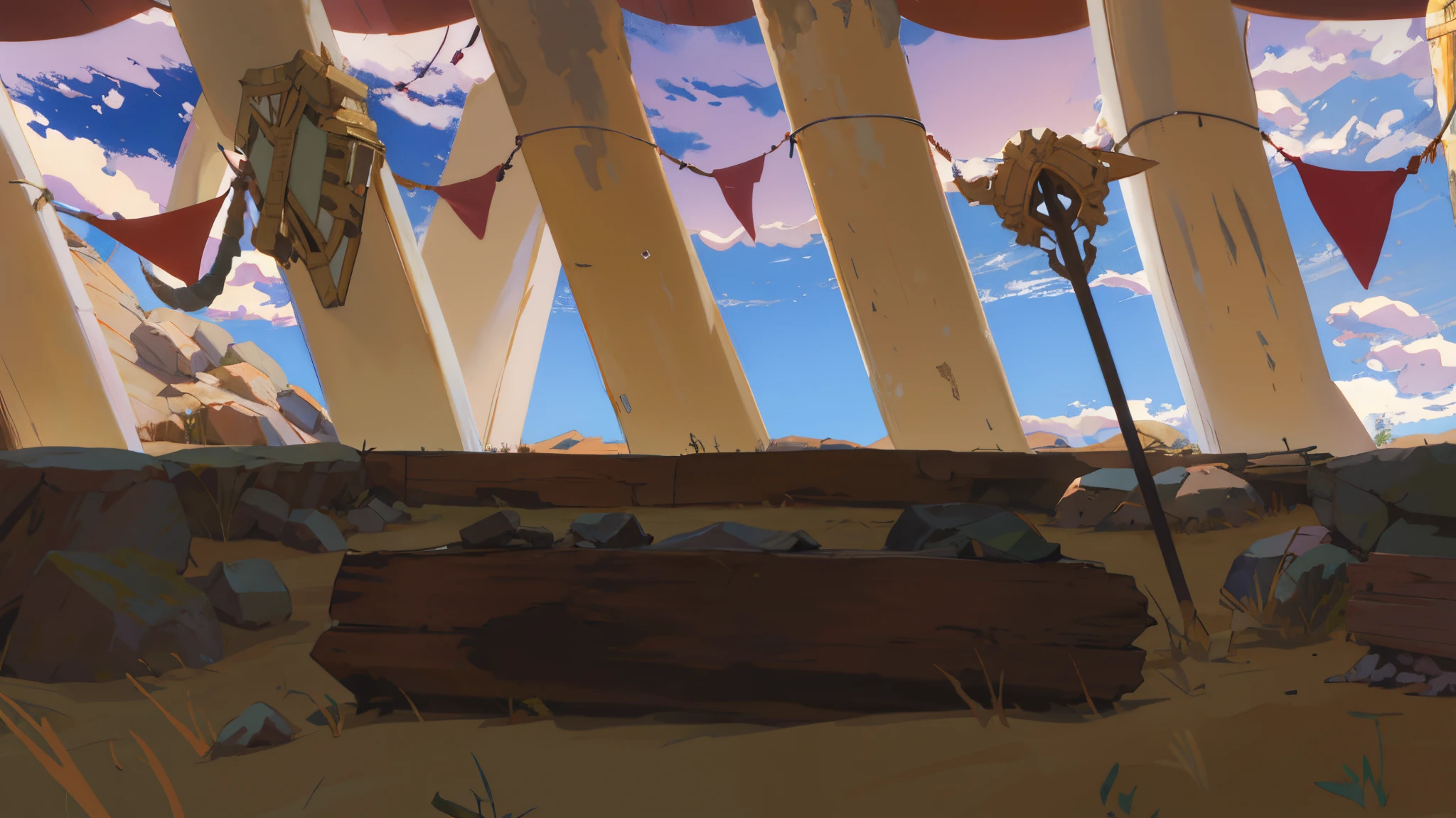 there are several flags hanging from the ceiling of a tent, arena background, background art, painted as a game concept art, random background scene, ancient interior tent background, concept painting, odin's stone arena background, concept art, concept art, tavern background, heavy vignette!, background artwork, interior background art, low detailed. digital painting, concept art!, anime, aime style, makoto shinkai style, 4k, 4k detailed,