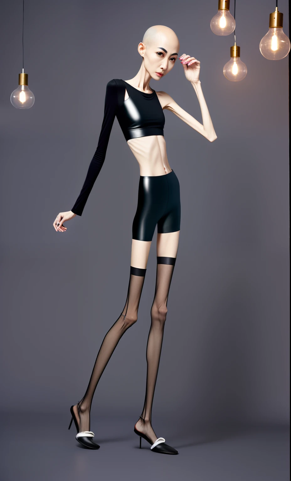 very thin adult woman，A thin body，Protruding sternum，The waist is very thin，The ribs are noticeable，Protruding ribs，The pelvic protrusion is very obvious，Pelvic width，Legs are just skin and bones，Fair skin，thin shoulde，The waist is very thin，Sunken abdomen，Delicate arms，arm muscle atrophy，hunger，sunken lower abdomen，bald，Wear tight leather pants，Wearing black stockings，Wear slippers，Asia face，The waist is particularly thin，angry look，Excessive weight loss，The face is sunken and thin，Severe malnutrition，hunger，Weak，anorexia