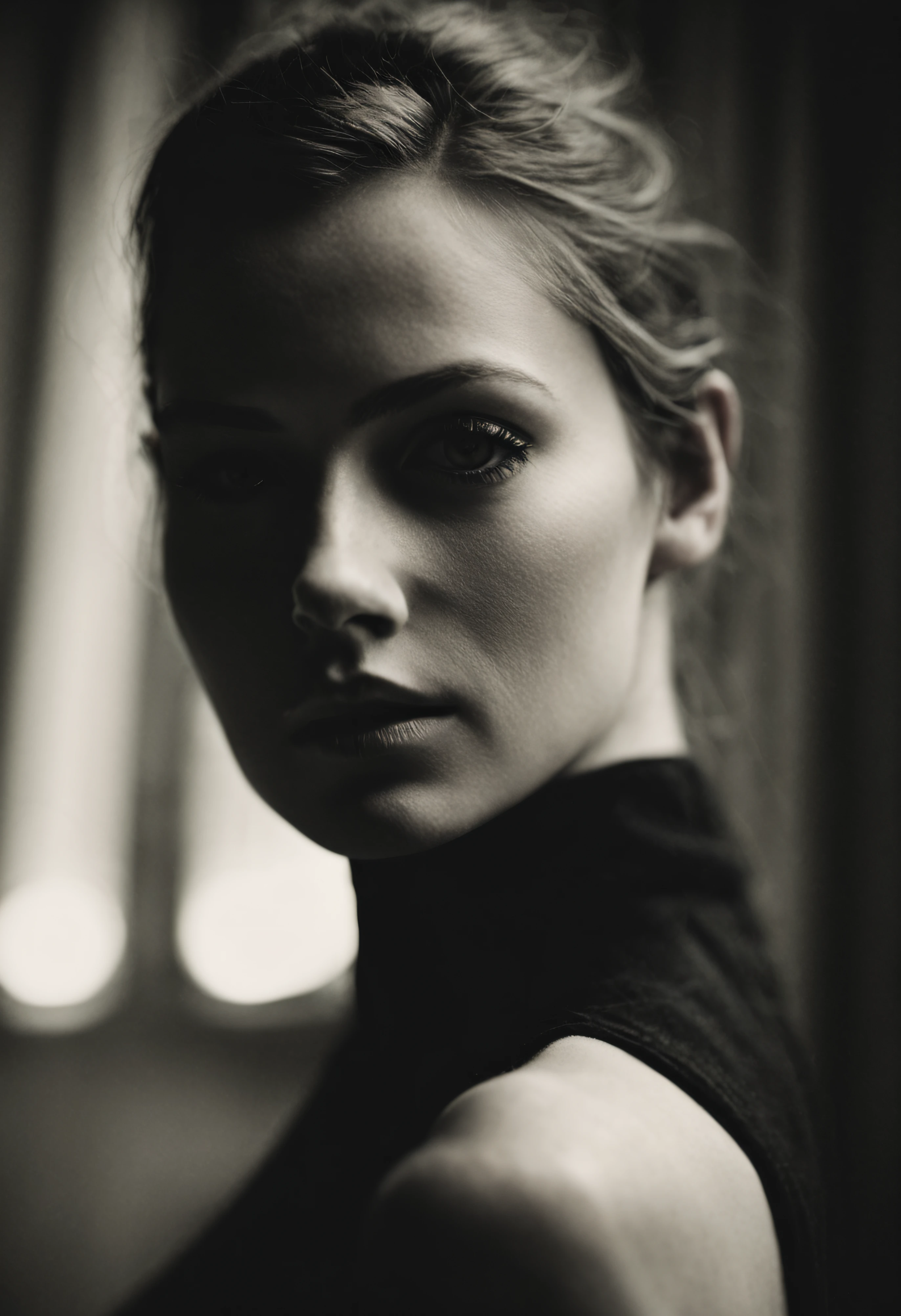 dark shot, face photo of 28 y.o pale woman, makeup, film grain