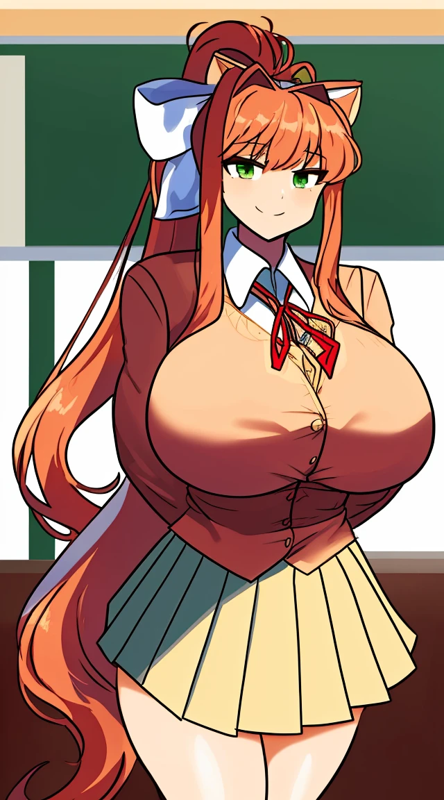 2d, masterpiece, best quality, anime, highly detailed, cowboy shot, 1girl, solo, monika, green eyes, very long hair, ponytail, school uniform, standing, leaning forward, arms behind back, smile, classroom, (large breasts:1.6), lactation