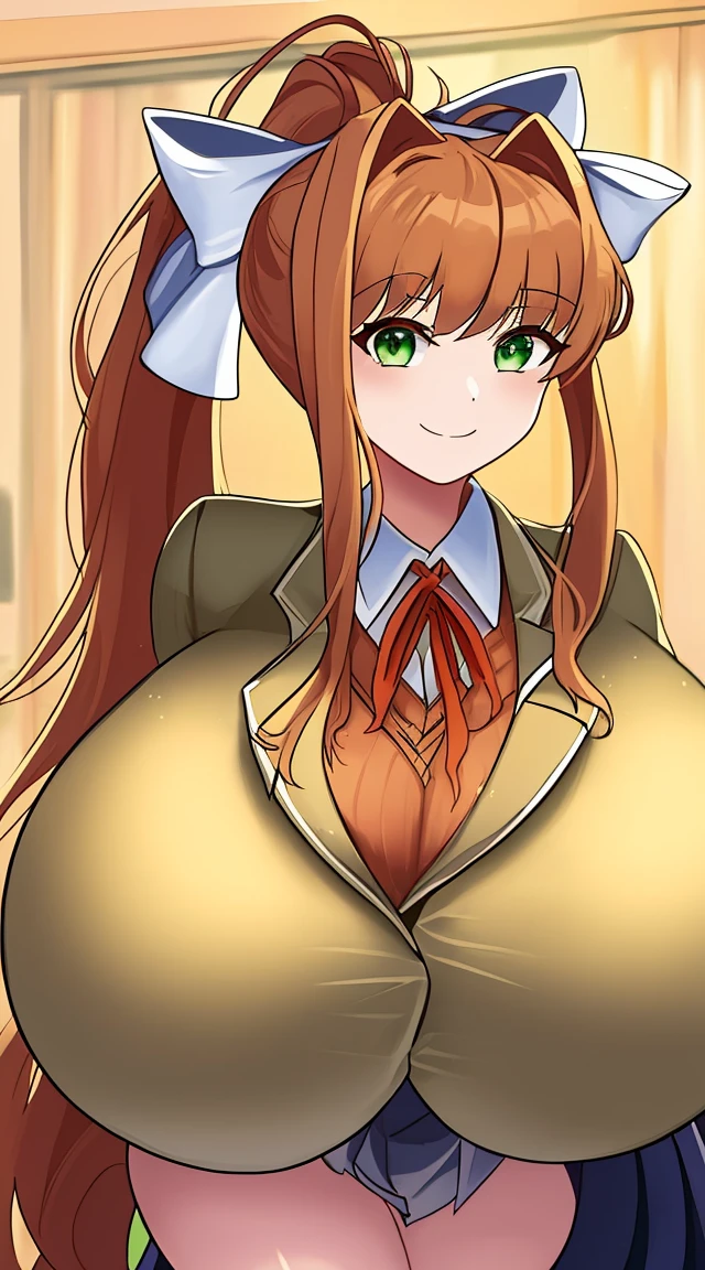 2d, masterpiece, best quality, anime, highly detailed, cowboy shot, 1girl, solo, monika, green eyes, very long hair, ponytail, school uniform, standing, leaning forward, arms behind back, smile, classroom, (large breasts:1.6), lactation