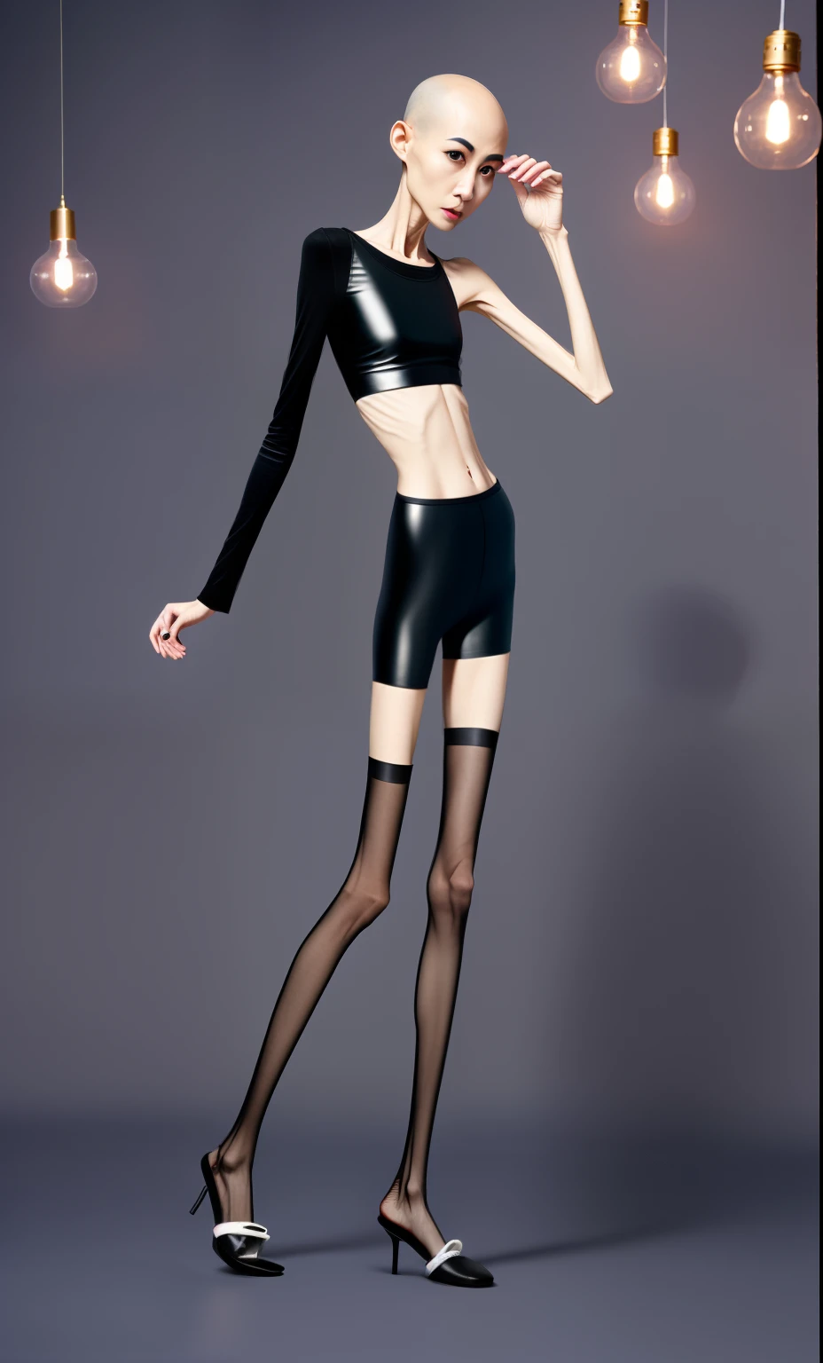 very thin adult woman,A thin body,Protruding sternum,The waist is very thin,The ribs are noticeable,Protruding ribs,The pelvic protrusion is very obvious,Pelvic width,Legs are just skin and bones,Fair skin,thin shoulde,The waist is very thin,Sunken abdomen,Delicate arms,arm muscle atrophy,hunger,sunken lower abdomen,bald,Wear tight leather pants,Wearing black stockings,Wear slippers,Asia face,The waist is particularly thin,angry look,Excessive weight loss,The face is sunken and thin,Severe malnutrition,hunger,Weak,anorexia