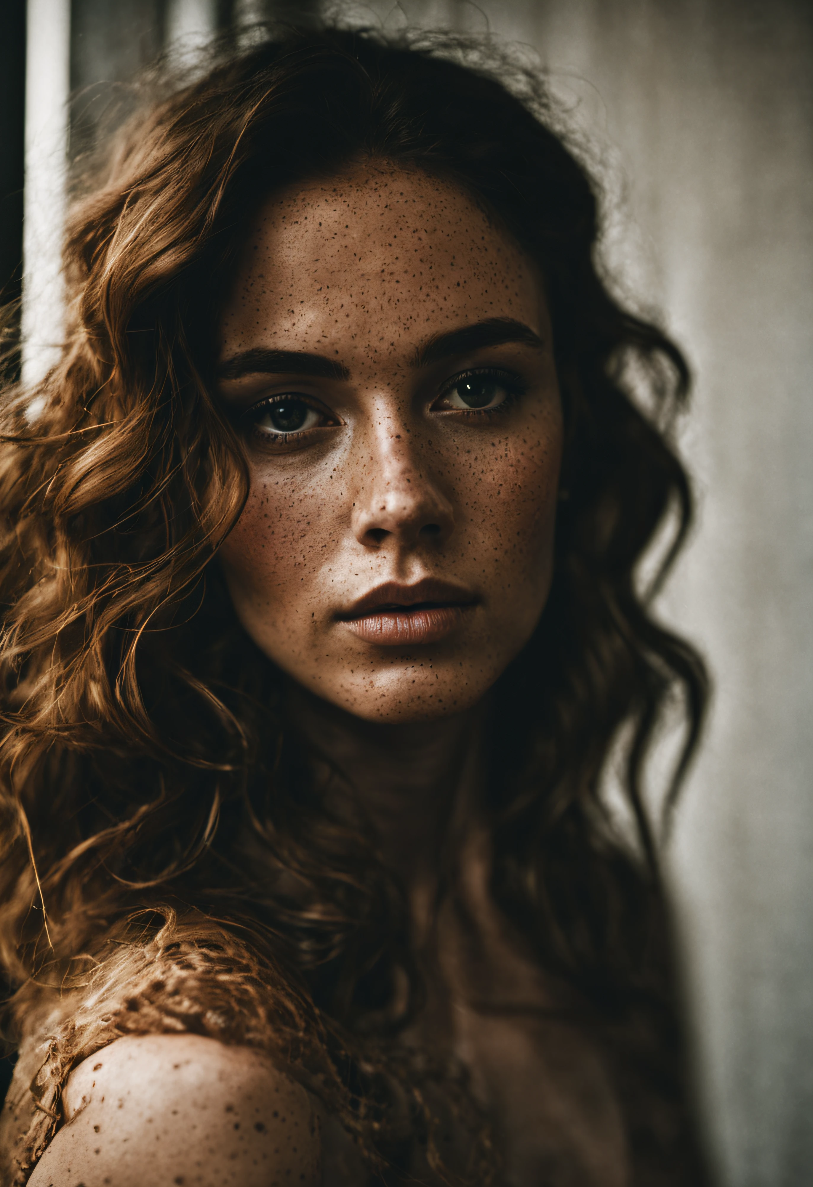 dark shot, face photo of 30 y.o woman, freckles, makeup, wavy hair, film grain