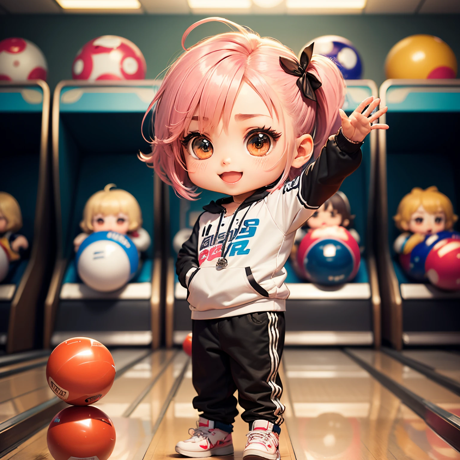 ​masterpiece、top-quality、ultra-detailliert、(chibi character pro bowler:1.2)、dribbling、🎳、Bowling alley、Standing、delight、