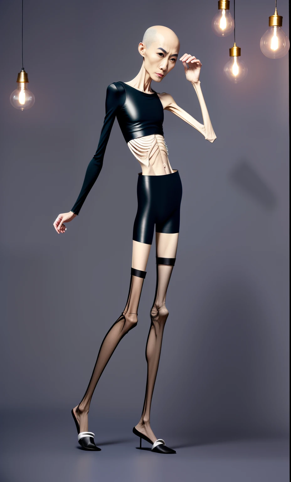very thin adult male,A thin body,Protruding sternum,The waist is very thin,The ribs are noticeable,Protruding ribs,The pelvic protrusion is very obvious,Pelvic width,Legs are just skin and bones,White skin of the,thin shoulde,The waist is very thin,Sunken abdomen,Delicate arms,arm muscle atrophy,hunger,The lower abdomen is depressed,bald,Wear tight leather pants,Wear tight silk clothes,Wearing black stockings,Wear slippers,Asia face,The waist is particularly thin,angry look,Excessive weight loss,The face is sunken and thin,Severe malnutrition,hunger,Weak,Incompetent men,coward