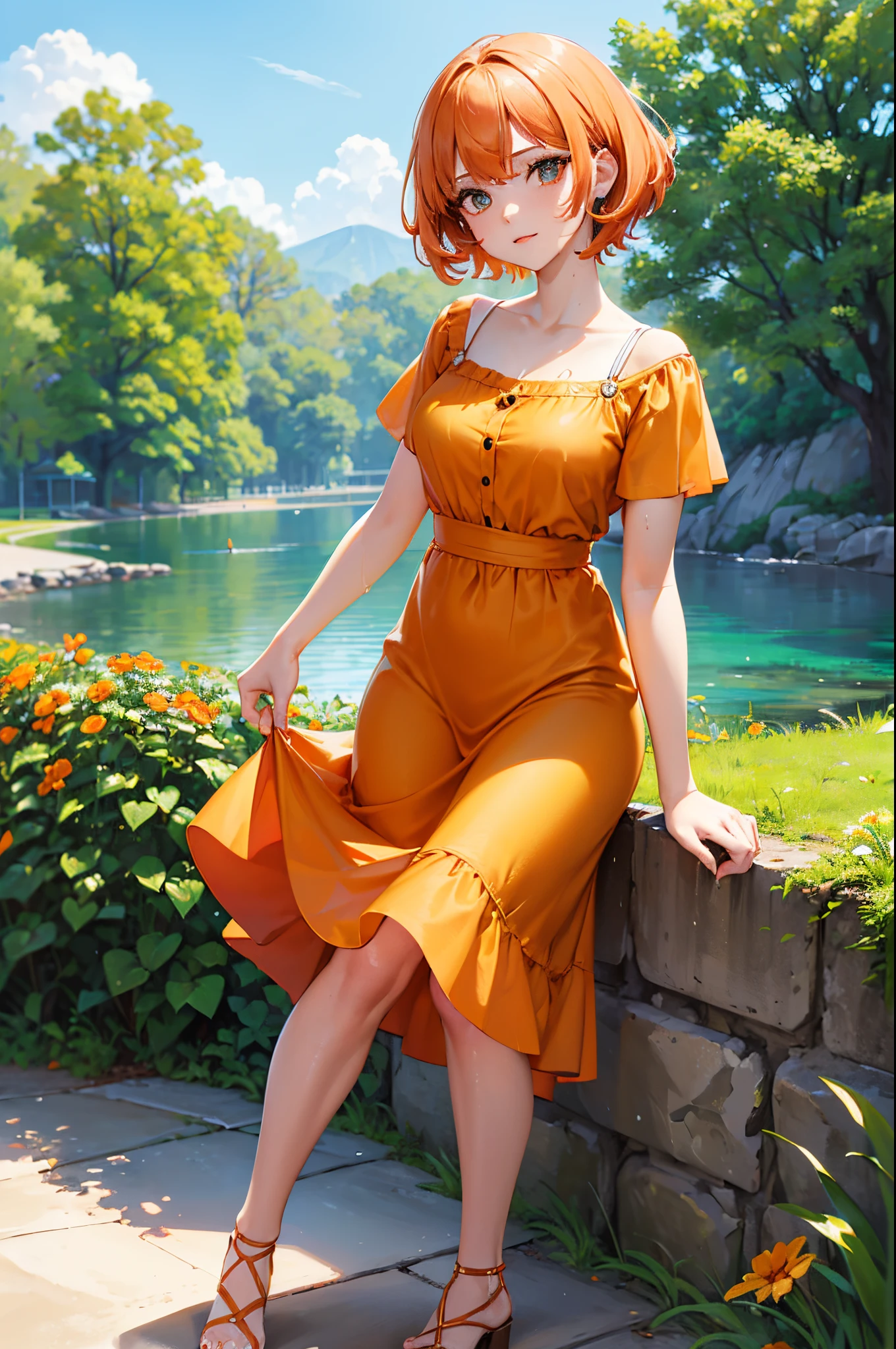 (a woman, park, sunny day, orange sundress, RAW, UHD, 8K, full body portrait:1.1, head, highly detailed face, stunning eyes, orange short hair, back towards camera, wet clothes, vibrant colors, warm sunlight)