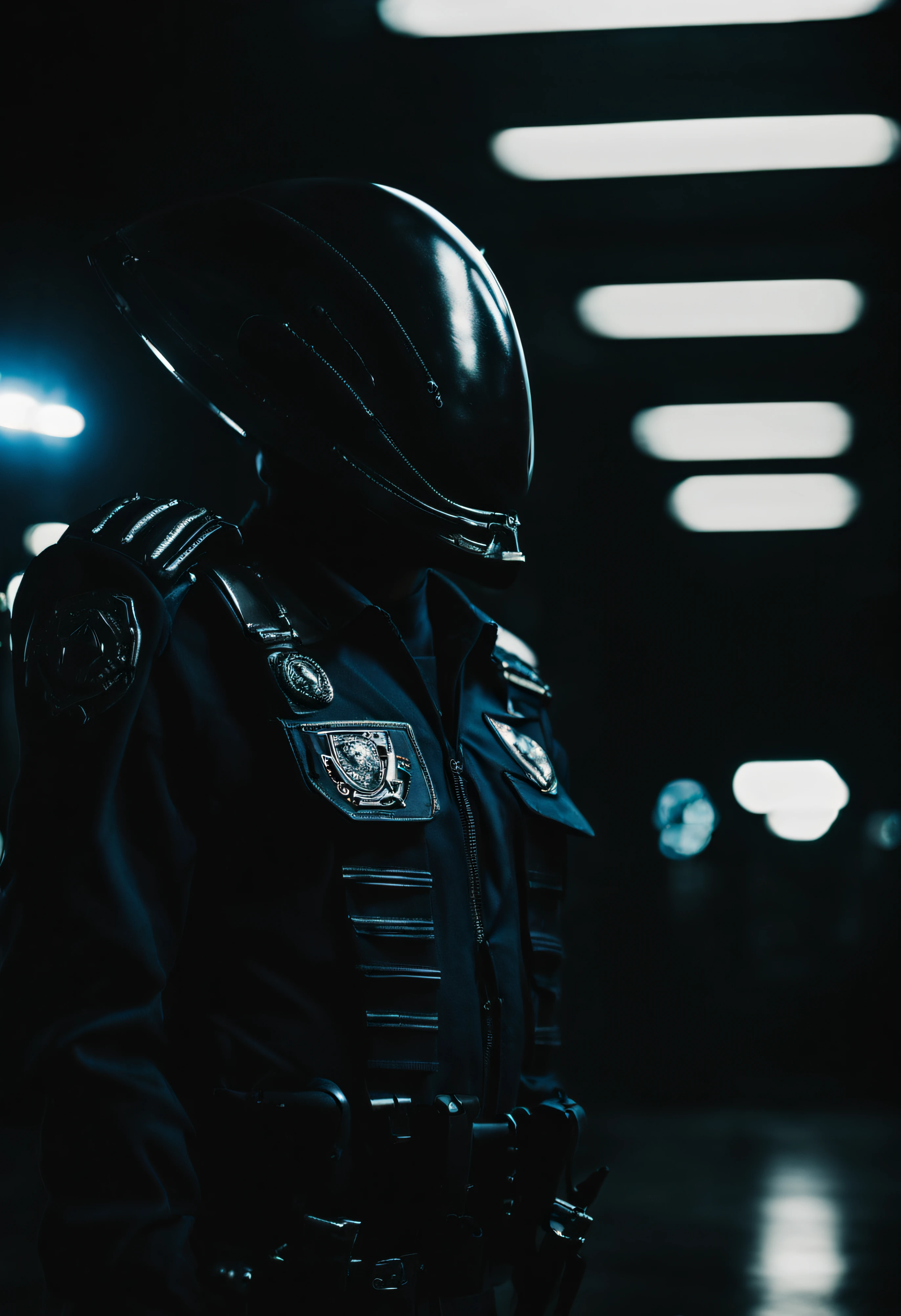 dark shot, photo of alien wearing police uniform, cinematic shot, film grain
