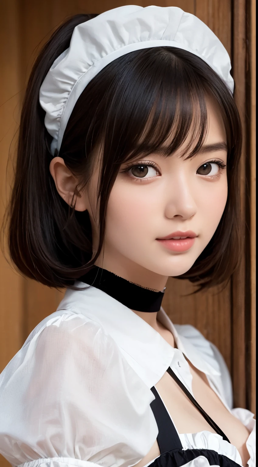 NFSW、Masterpiece、masterpiece、1 girl per 1 photo、(close up of face、cowboy shot)、Straight front view、japanes、Very young pretty woman、(The cutest girl in the world)、ar old、smaller face、large full breasts、cleavage of the breast、Wearing a cute black maid outfit with short sleeves silky satin、Ultra-detailed costumes、Smiling in a café、Headdress with black ribbon、scrunchie、a black choker、Glamorous figure、hyper cute face、shiny lip、Double eyelids in both eyes、 natural make up、long eyeslashes、Shiny smooth light brown hair、bangss、short twin tail hair、asymmetrical bangs、image in center、8K分辨率、high détails、Detailed hairstyles、A detailed face、spectacular movie lighting、octane renderings、with a vibrant、Ultra-realistic、Perfect limbs、perfect anatomia