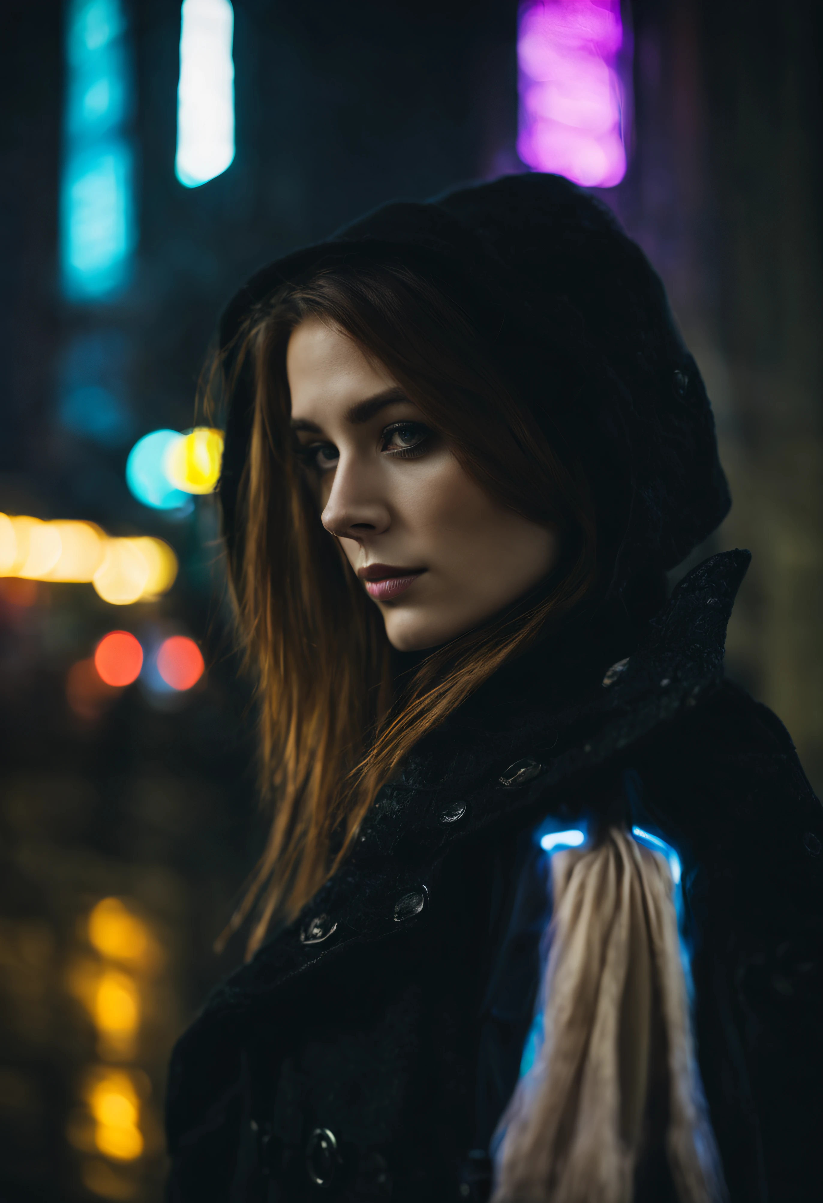 city street, neon, fog, volumetric, closeup portrait photo of young woman in dark clothes
