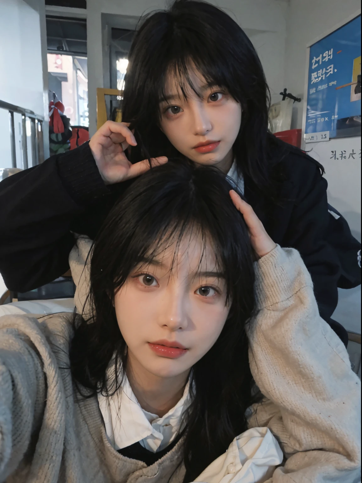Best quality, 超高分辨率, (realistically:1.4), A woman with long black hair and a gray sweater, The middle view is, JK school uniform,under a ray of sunshine,She has black hair,through bangs, young lovely Korean faces, Cute Korean face, Urzans, Shin Jinying, beautiful aesthetic face, Korean facial features, Played by Liu Li Zhien ,beautiful realistic face