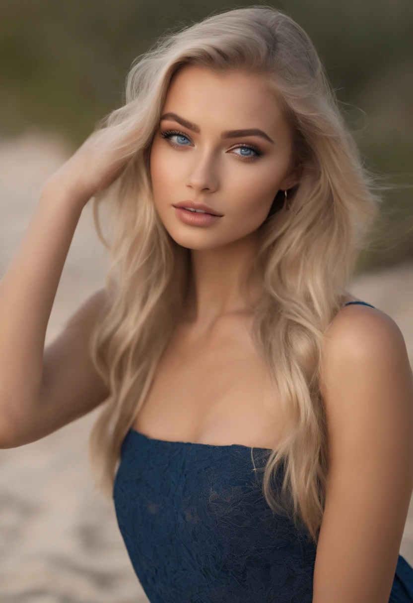 A poised and alluring woman with captivating blue eyes, resembling the ultra-realistic Sophie Mudd. Blonde girl, She wears natural makeup, exudes a sexy charm in a short dress, blonde hair color and poses in beach setting with a prominent bust.