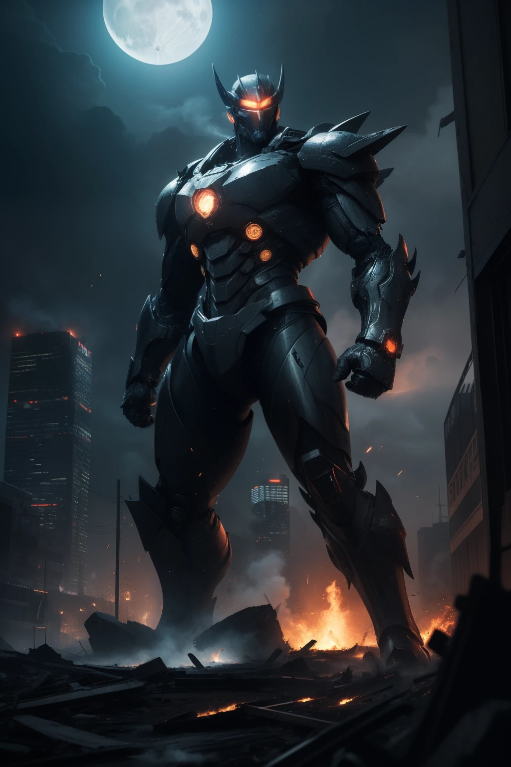 Absurd resolution, high resolution, (masterpiece:1.4), hyper-detailed, night, a Jaeger, Pacific Rim, black armor, combat, fighting a kaiju, attack, fire, shock, sci-fi, epic battle, towering skyscrapers, futuristic cityscape, neon lights, sparks flying, intense energy, monstrous creature, colossal size, destructive force, dramatic poses, dynamic movements, adrenaline rush, chaos, atmospheric lighting, moonlit sky, glowing eyes, thunderous roars, smoke and dust, powerful punches, laser beams, explosions, devastated surroundings, heroic determination, epic showdown, unstoppable force, gripping suspense, blockbuster spectacle, cinematic experience.