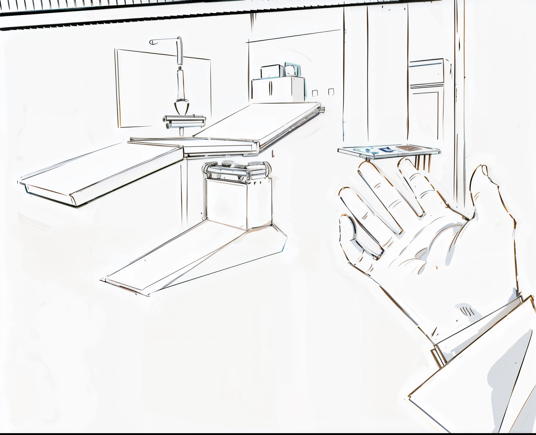 someone is holding their hand up to a drawing of a room, whole page illustration, extreme three point perspective, action perspective concept, line work concept art, first person view perspective, hand on table, keyframe illustration, one-point perspective, linear illustration, hand drawn animation, 1-point perspective, single point perspective, 2 - point perspective, two-point perspective, medical tool, medic stuff, box, room, best quality,
