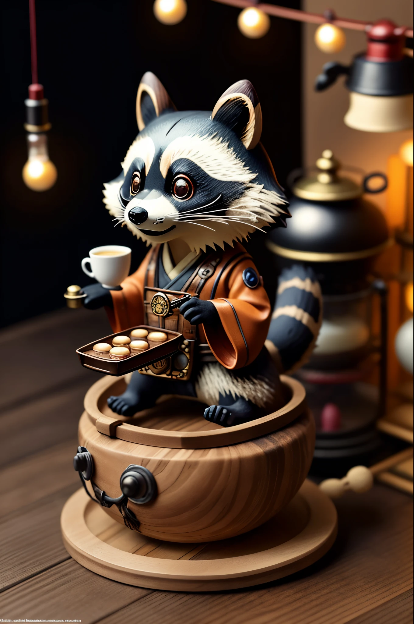 Japan vintage miniature toys tabletop, Steampunk raccoon dog, Japanese sweets in Japan, Micro Coffee Machine, Flowing liquid, Smoke, Little Ghost, Awards, top-quality, movie lights, Awards, top-quality, Ultra HD, Ultra HD, multi view, Awards, top-quality, High quality , Pixar, Anime style, Pixar, Anime style, Bauhaus, high details, high details, High quality