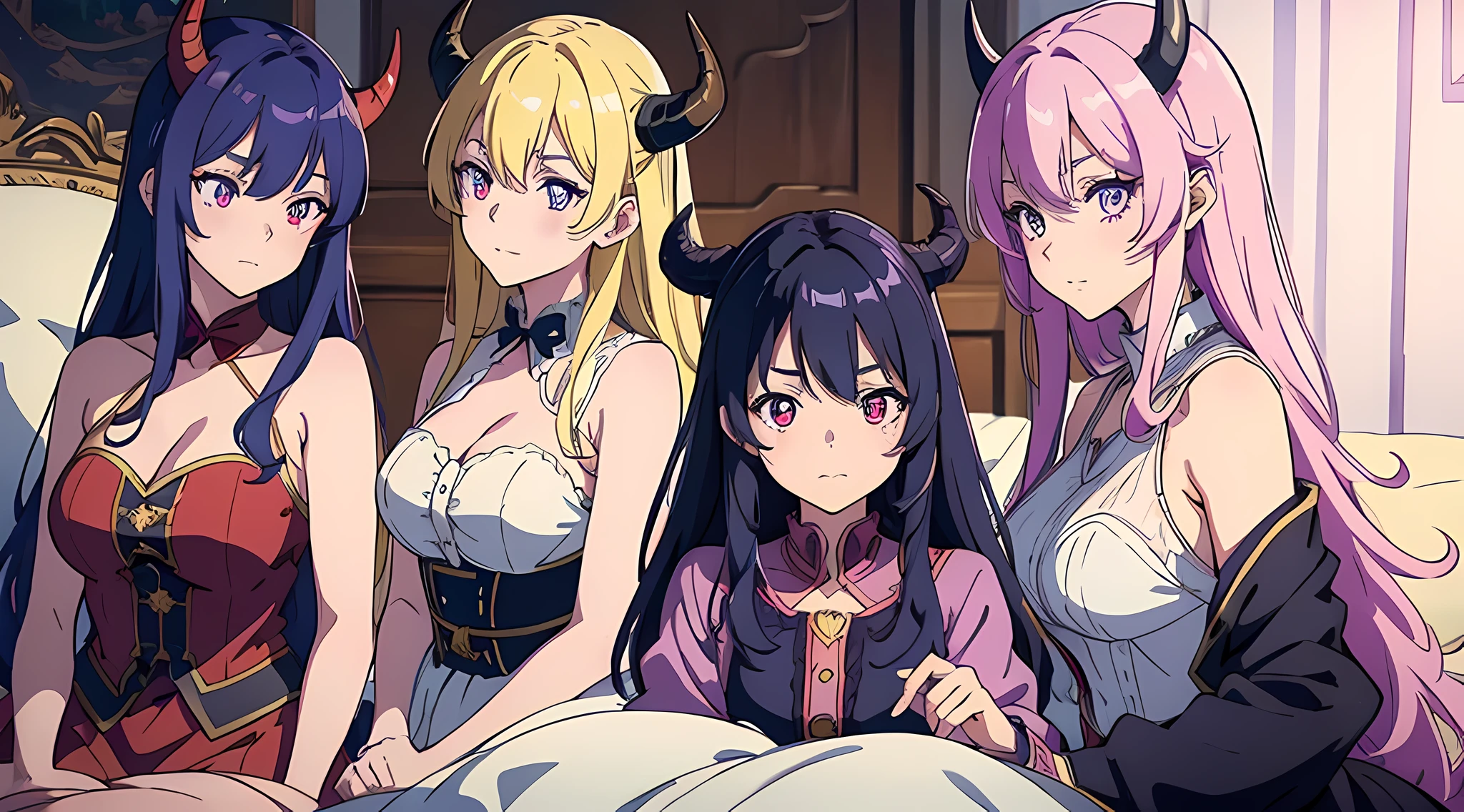 3 demon girls, girls with different hair colors and horns, girls in dresses, young and beautiful, royal sister, young anime people, anime moe art style, watching audience, close-up, seductive expressions, rich colors, in luxurious villas, lying on the bed, vibrant appearance, playful accessories, creative behavior, imaginative, sensual, spontaneous, delicate facial features, clear facial expressions, detailed digital animation art, digital animation art, high-quality anime art style,