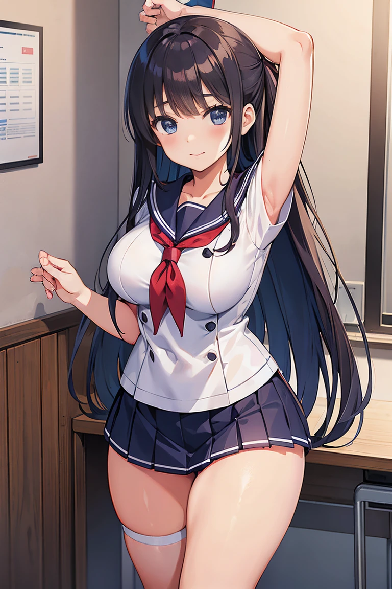 A high school girl wearing a thick miniskirt and sailor uniform in the health room