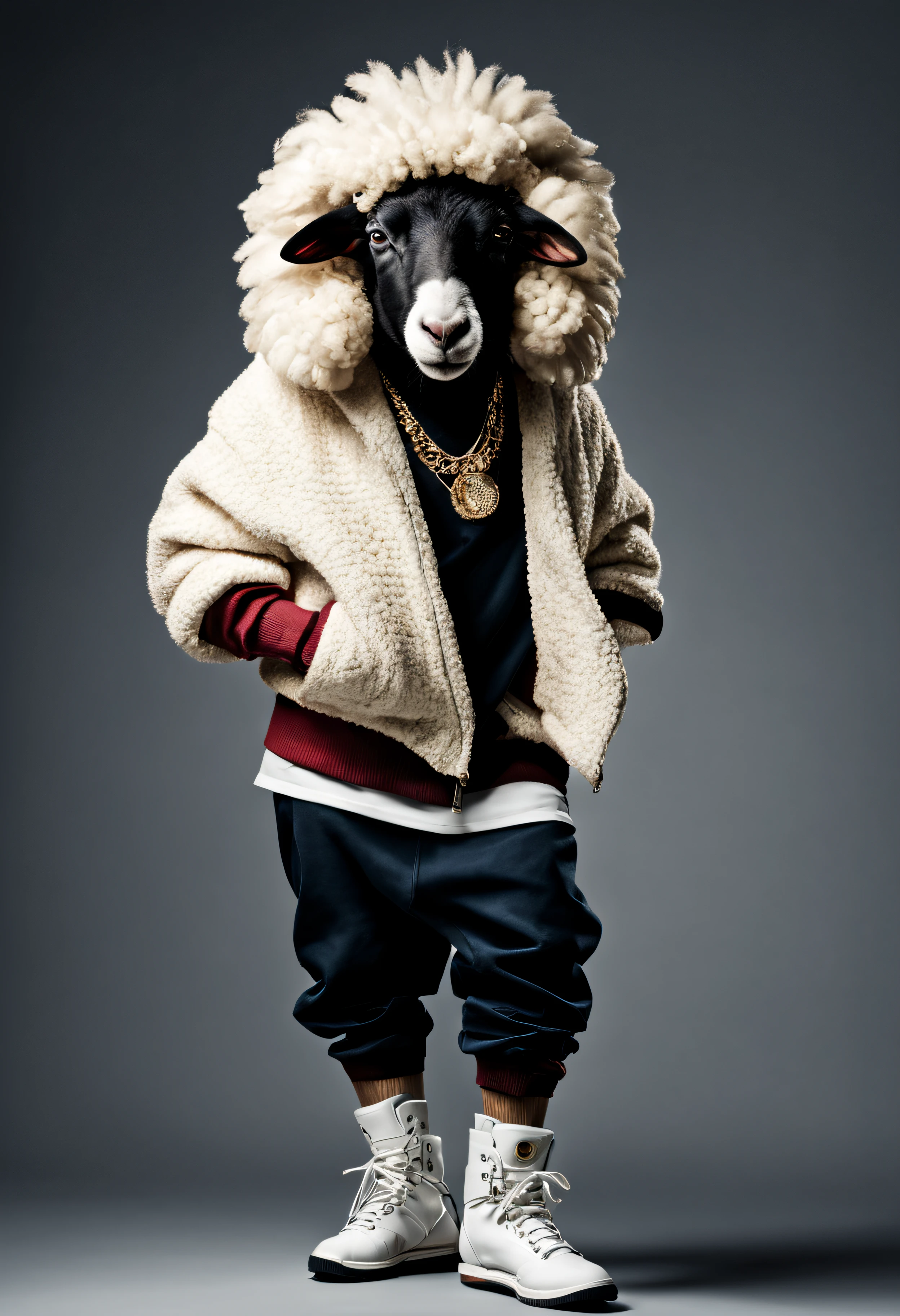 Realistic portrait of dressed animal - a sheep hip-hop dancer, high qulity, The is very detailed, Studio lighting,