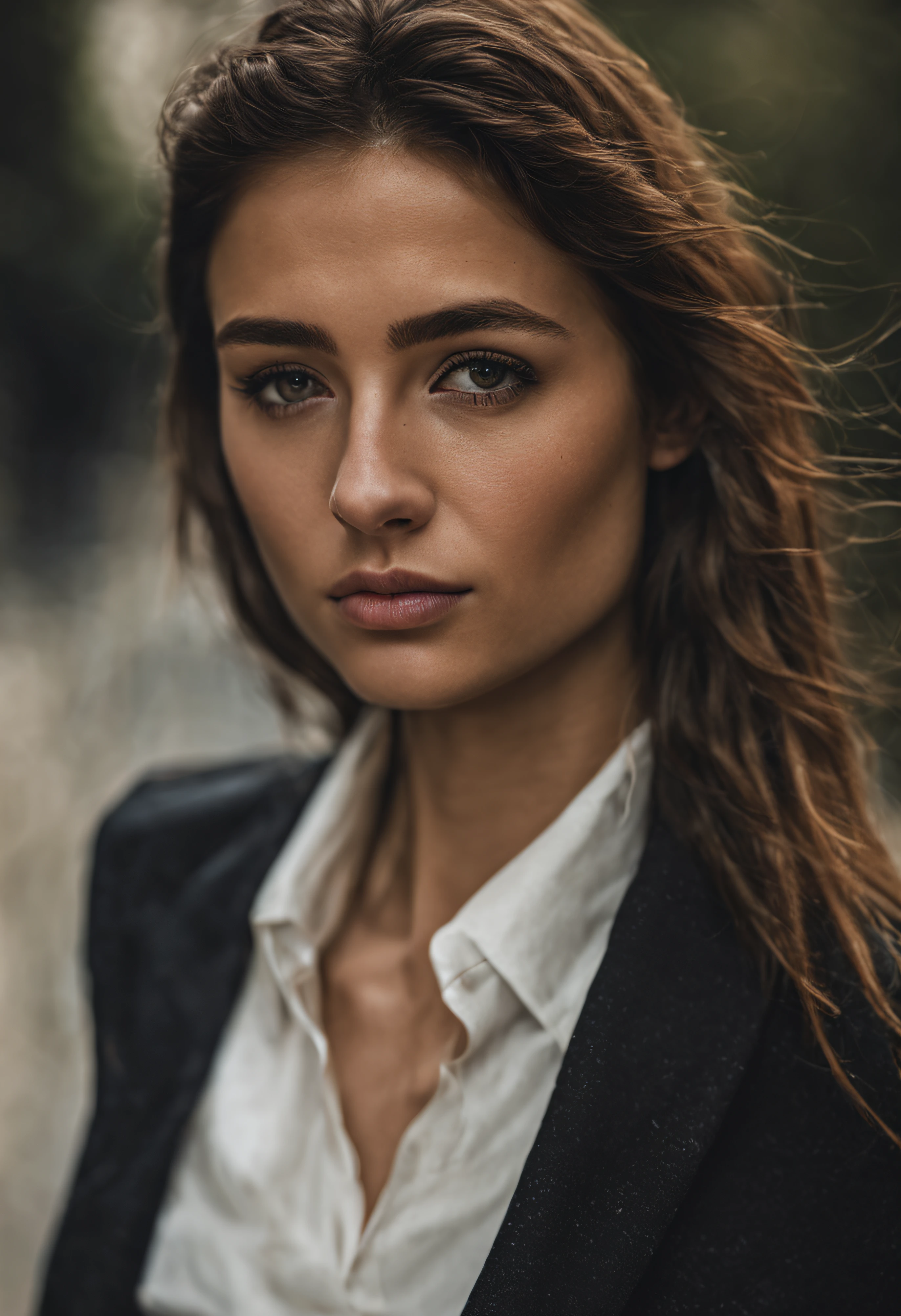 A close up portrait of 22 years old (Quebecoise | Hapa:0.5 | Colombian | Argentinian | Cuban | Mexican | Russian | Latvian | Hungarian | Ukrainian) woman looking at camera, slim body, dark theme, soothing tones, muted colors, high contrast, (natural skin texture, hyperrealism, soft light, sharp), freckles, (acne:0.6), ultra detailed texture French haute couture corporate outfit, Cannon EOS 5D Mark III, 85mm