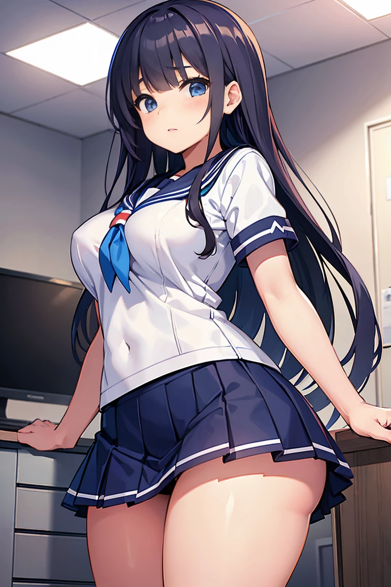 A high school girl wearing a thick miniskirt and sailor uniform in the health room