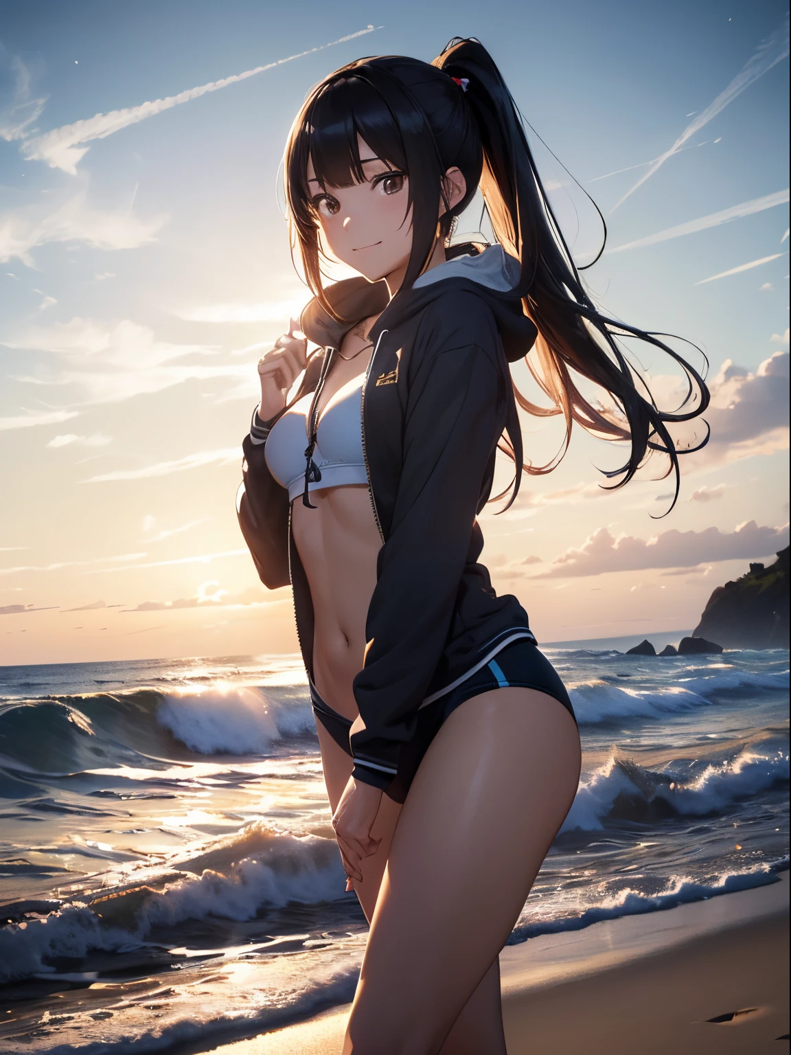 (masutepiece:1.2), (Best Quality:1.2), (hyper detailed illustration)，(beautiful artwork)，(Extreme Detail CG)，(Unity 8k Wallpapers)、​masterpiece、top-quality)、(exquisite lighting and shadow、highly dramatic picture、cinematic lens effects)、Beach girl standing in grey hoodie and school swimsuit, Black long hair girl wearing a hoodie, beautiful alluring teen, (Evil smile)，Brown eyes，Wide blue sky，(Tsurime)，(straggling hair)，poneyTail，(walking On the beach:1.2)，beach side，(light glow:1.1)，(light Particle:1.1)，(strong light coming in)，(arched body:1.2)，(Head tilt)，