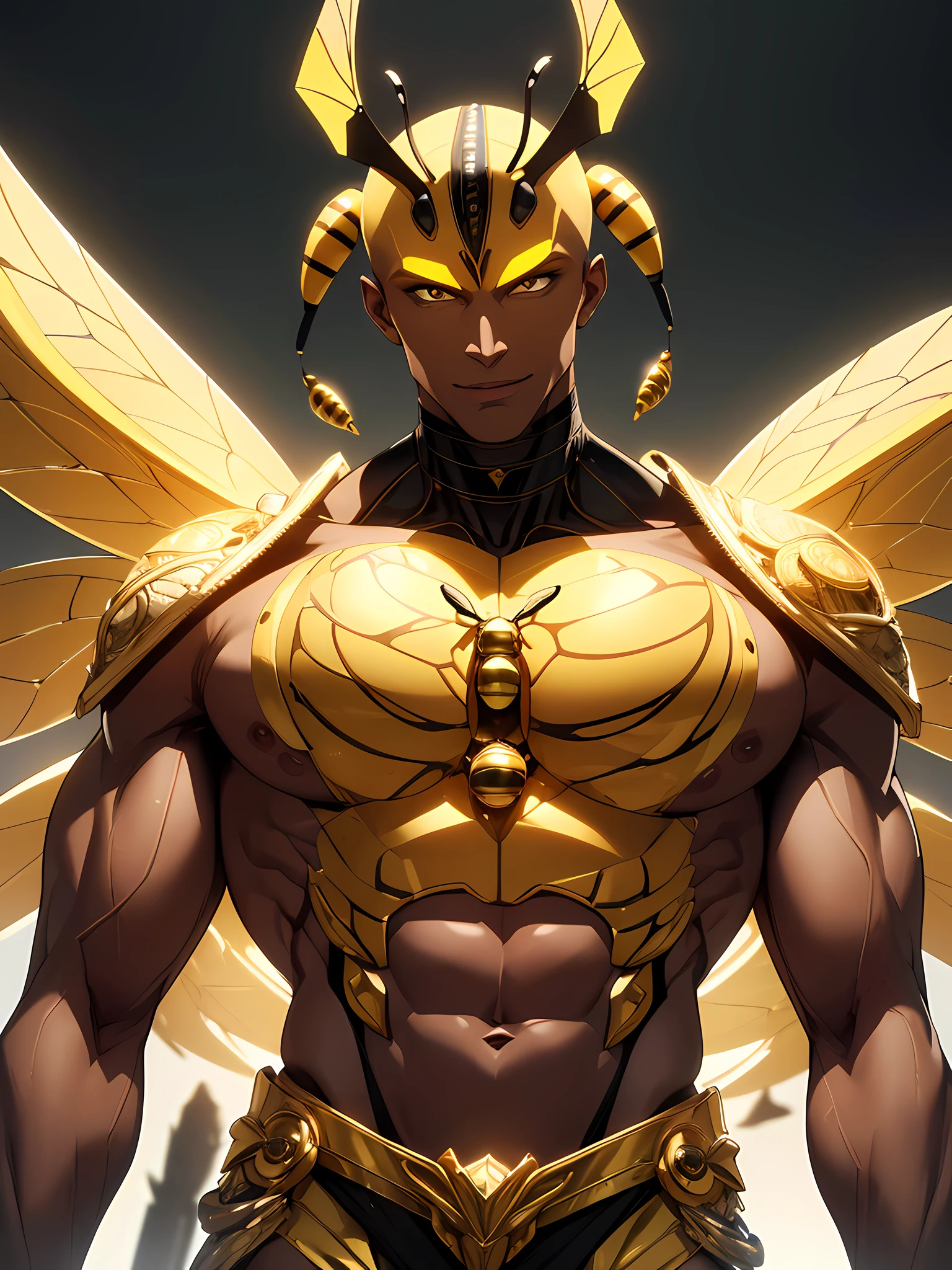 ((absurdres)) perfect whole body, ultra photorealistic, Top quality, Photorealistic, ((16k UHD)), High Definition, high res, ultra sharp, masterpiece, best quality, intricate details, detailed eyes, perfect face detailed face, masterpiece, highly detailed exquisite character art, perfectly detailed anatomy, detailed body, detailed pecs, pecs, thick thighs, (((cinematic light))), ultra-realistic, (((1male))) ((tall muscular man male humanoid)), bald, humanoid yellow skin, big eggs, bee anatomy, deity, god of honey bees, humanoid black & yellow skin tone, yellow hue, powerful humanoid appearance, compound eyes, metallic scales, scales. metallic robes, smiling face, strong jaw, high cheekbones, pecs, sexy pose, flying in the sky, mandibles, Antenna, honey, ((male muscular stripe black & yellow humanoid insect honey bee)) full body shot, yellow skin, black skin,