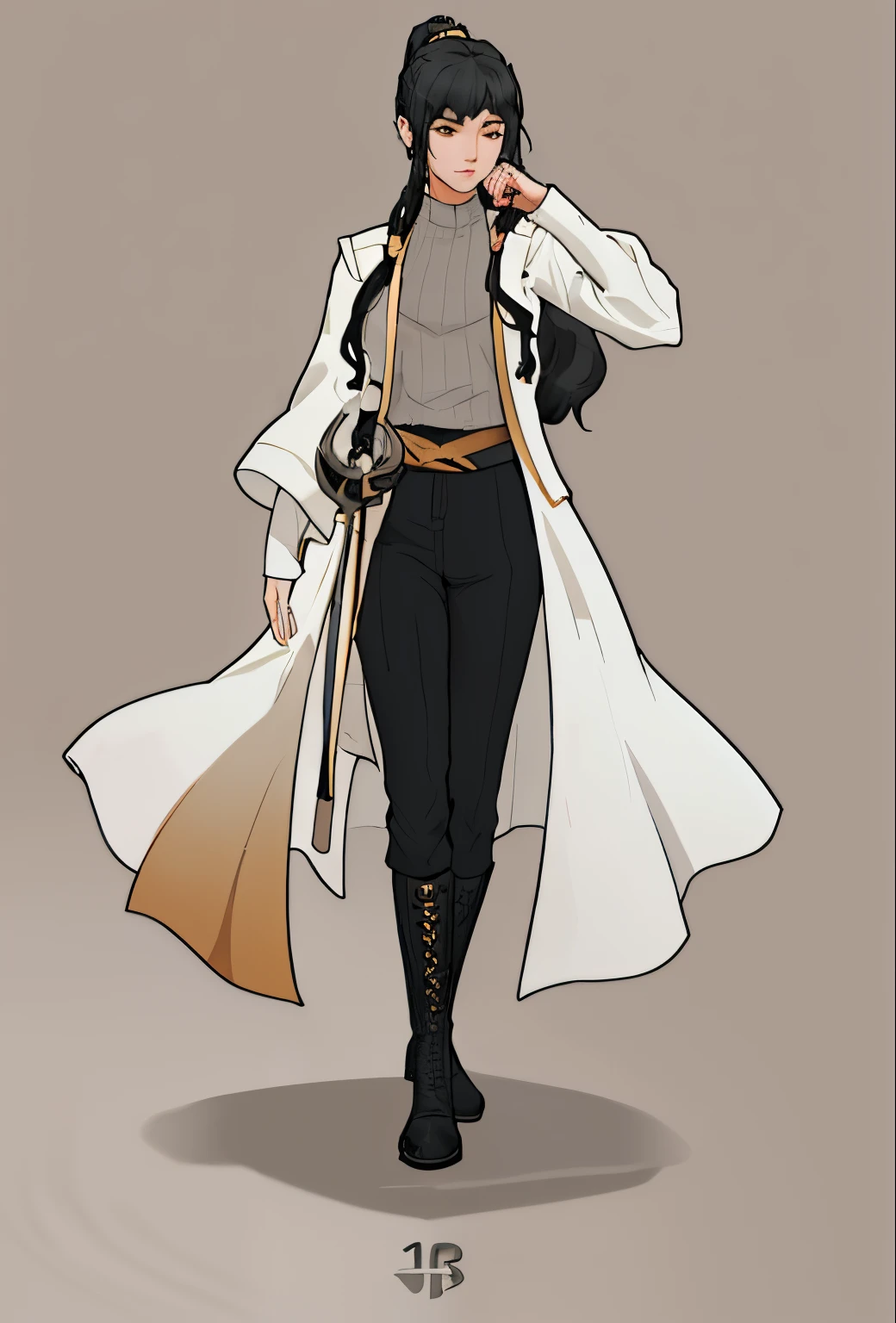 full body pose, long hair girl, ponytail, long coat, boots, rapier, detail clothing, 4k,