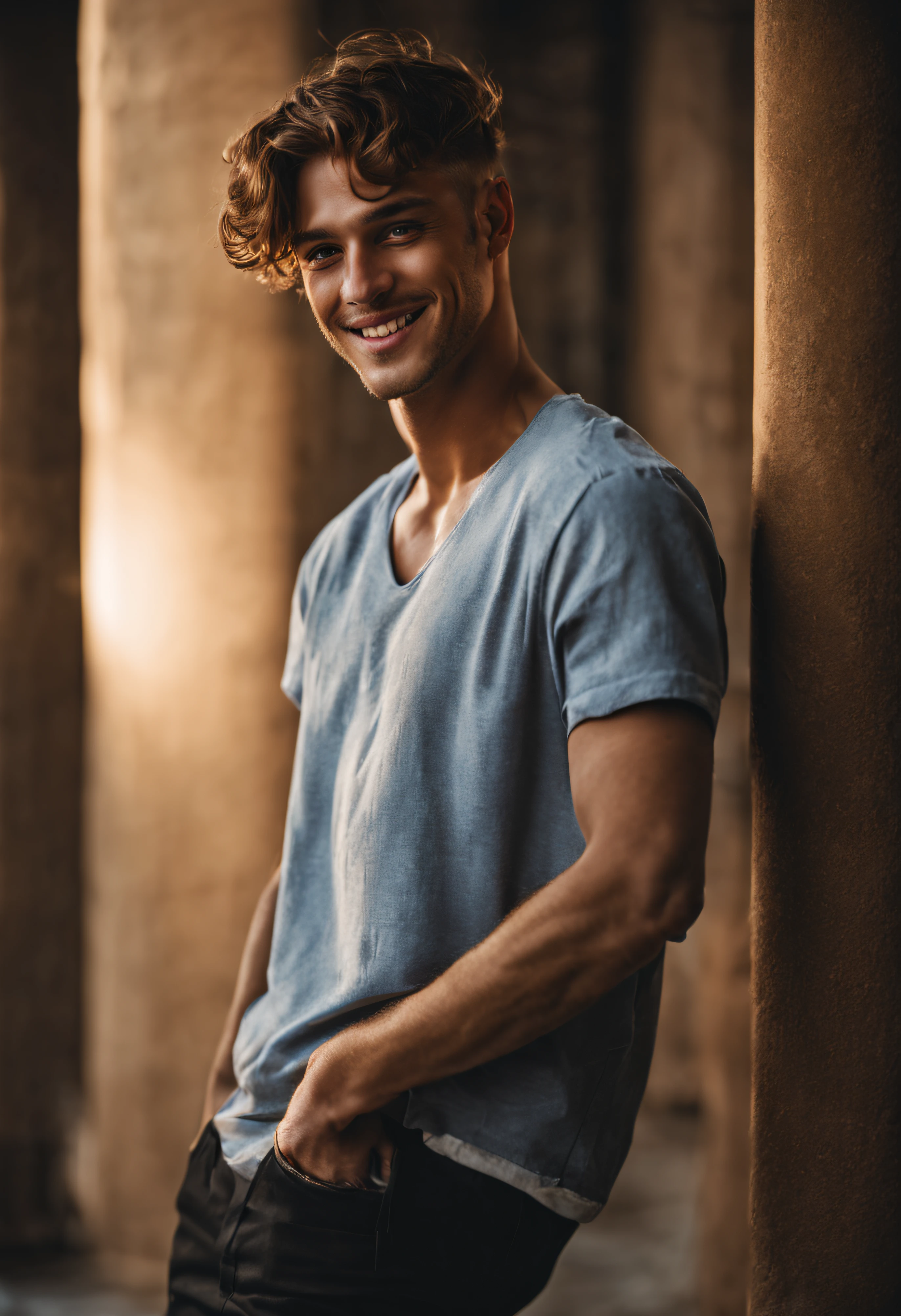 medium portrait photo of young man, top model
top model, smiling,
skin pore,
cinematic lighting,
