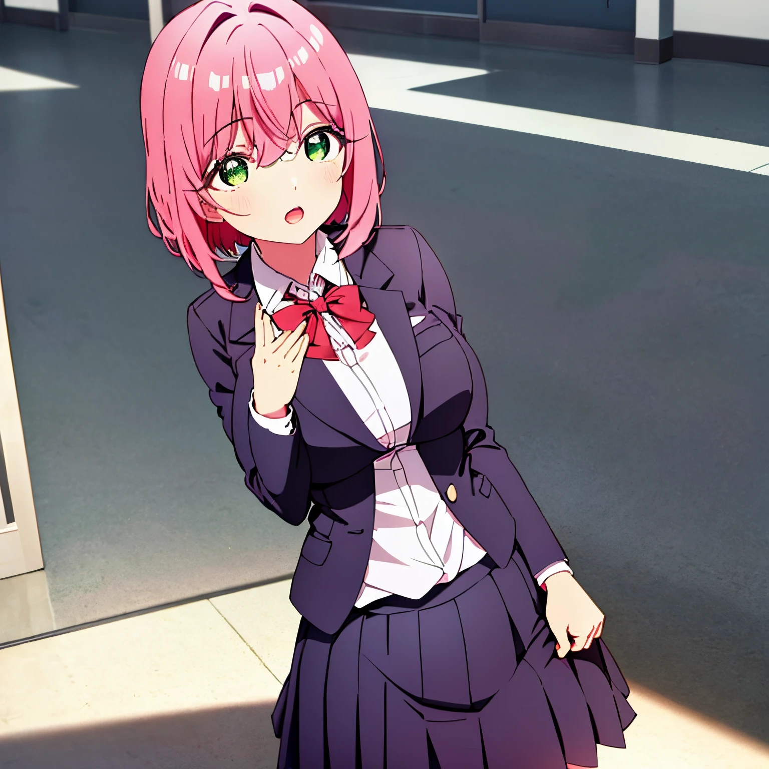 1 girl, alone, hakari hanazono, short hair, hair ornament, (green eyes: 1.5), pink hair, flower, hair flower, hair between the eyes, side locks, open mouth, BREAK skirt, shirt, bow, school uniform, blazer, white shirt, pleated skirt, collared shirt, black skirt, red bow, neck bow, REST looking at the viewer, REST indoors, in the classroom (cowboy shot: 1.5), BREAK (masterpiece:1.2), best quality, high resolution, unity 8k wallpaper, (artwork:0.8), (beautiful detailed eyes:1.6), extremely detailed face, perfect lighting, extremely detailed CG, (perfect hands, perfect anatomy), large breasts, medium hips, thick thighs