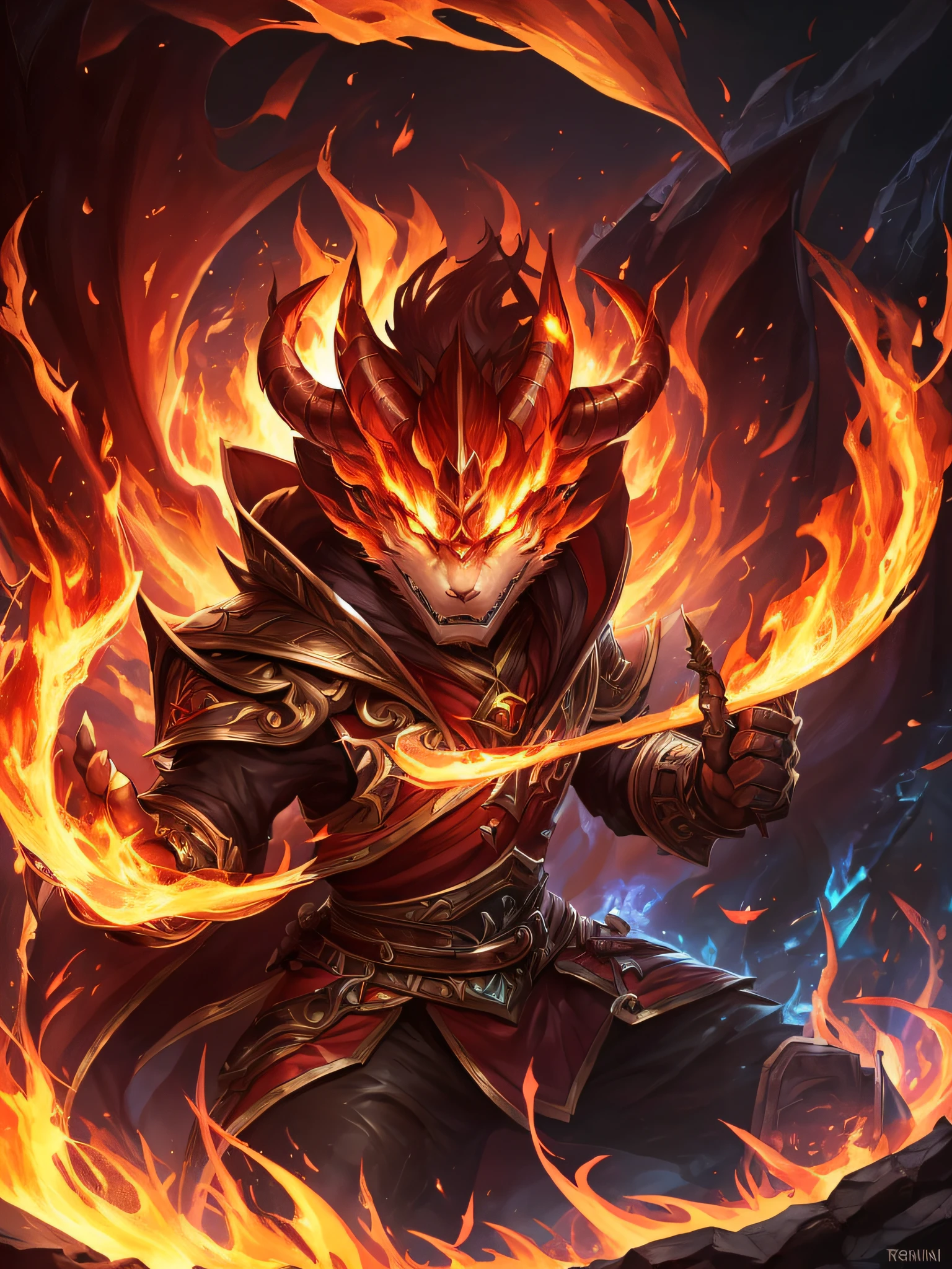 (Best quality,4K,8K,A high resolution,Masterpiece:1.2),Ultra-detailed,(Realistic,Photorealistic,photo-realistic:1.37), Chinese dragon red:1.5,Strong),独奏, Ray traching, skill power, skill fire, elemental fire, bright eye red, dragon using medieval armor, sharp claws, A Chinese dragon, dragon horn, magical, anthropomorphic angry expression, glowing eyes, Genshin Impact Impact, best picture quality, high detail, high quality, ultra high resolution, oc rendering, 8K, digital art, full body, masterpiece, best quality, in the center of the frame, ((casting a fire spell)), detailed face, (((looking at viewer:1.5))), dragon warrior, (((surrounding flames:1.3))), League of Legends character, League of Legends concept art, splash art, League of Legends splash art, official splash art, League of Legends art, League of Legends character art, League of Legends , League of Legends Splashart