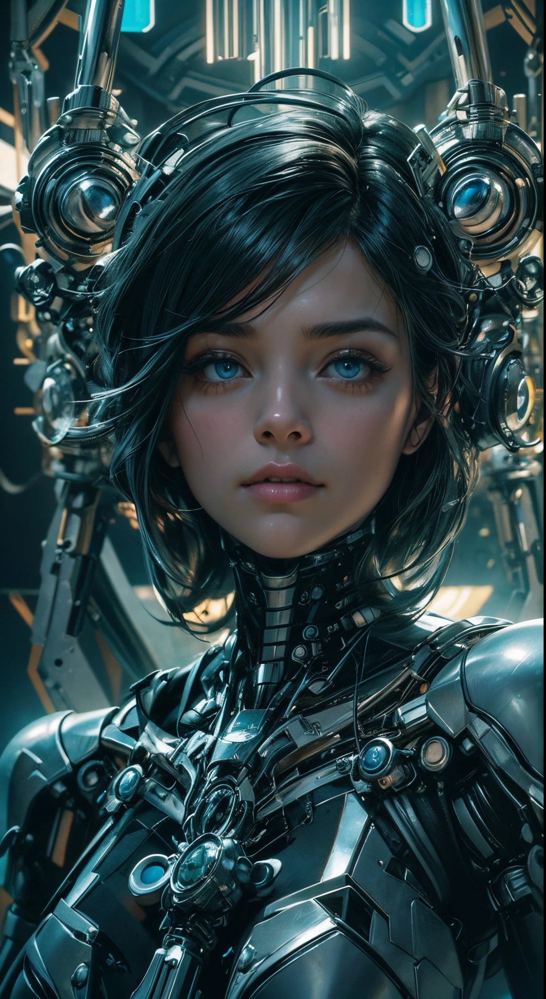 Flowing_contour biomechanical__cybernetic_airbrush___Strange__eerie__((Japanese Fashion_Magazines_cover__art_decor_Border))__porcelain_and_Platinum / Futuristic Cyberpunk woman with porcelain skin, cybernetic implants.