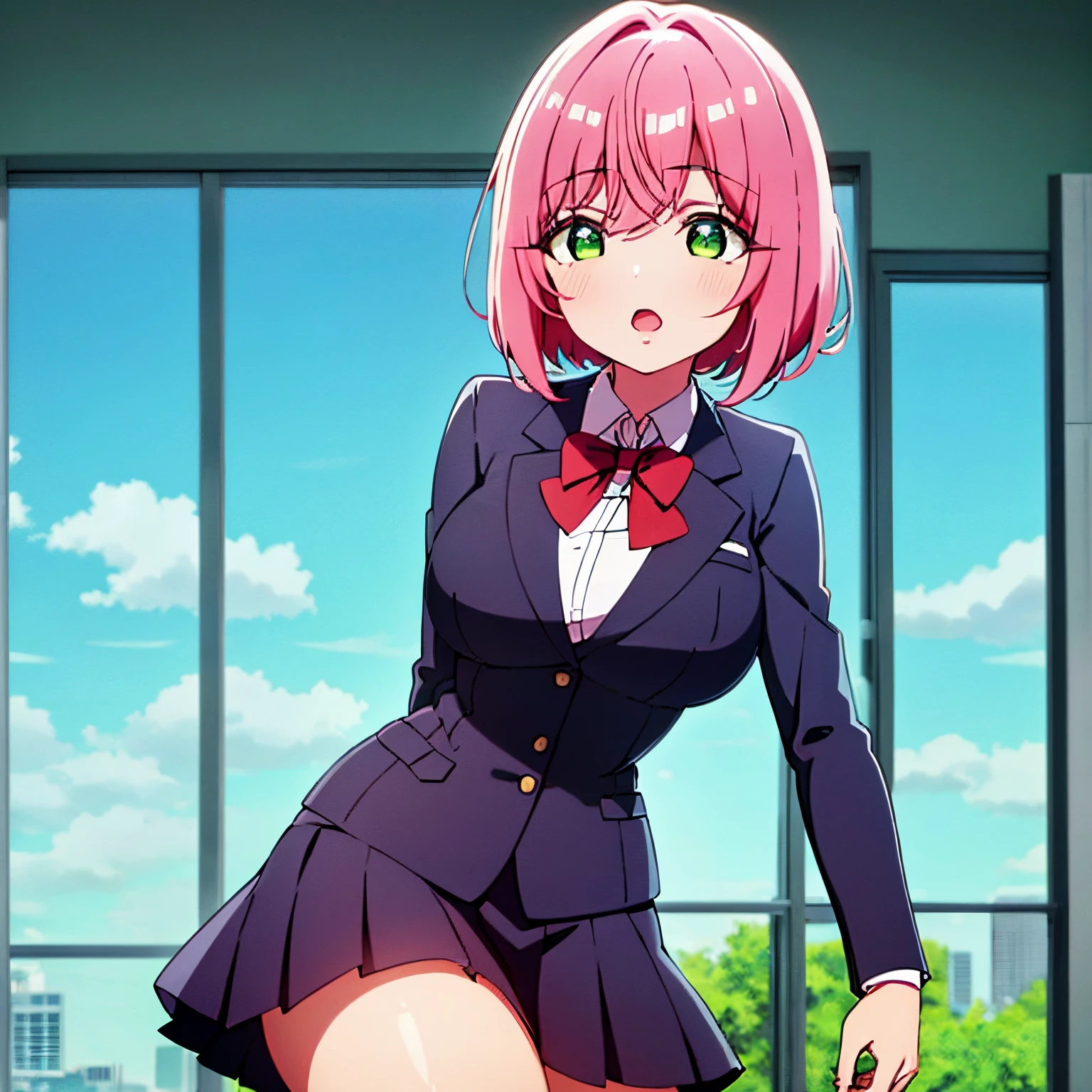 1 girl, alone, hakari hanazono, short hair, hair ornament, (green eyes: 1.5), pink hair, flower, hair flower, hair between the eyes, side locks, open mouth, BREAK skirt, shirt, bow, school uniform, blazer, white shirt, pleated skirt, collared shirt, black skirt, red bow, neck bow, REST looking at the viewer, REST indoors, in the classroom (cowboy shot: 1.5), BREAK (masterpiece:1.2), best quality, high resolution, unity 8k wallpaper, (artwork:0.8), (beautiful detailed eyes:1.6), extremely detailed face, perfect lighting, extremely detailed CG, (perfect hands, perfect anatomy), large breasts, medium hips, thick thighs