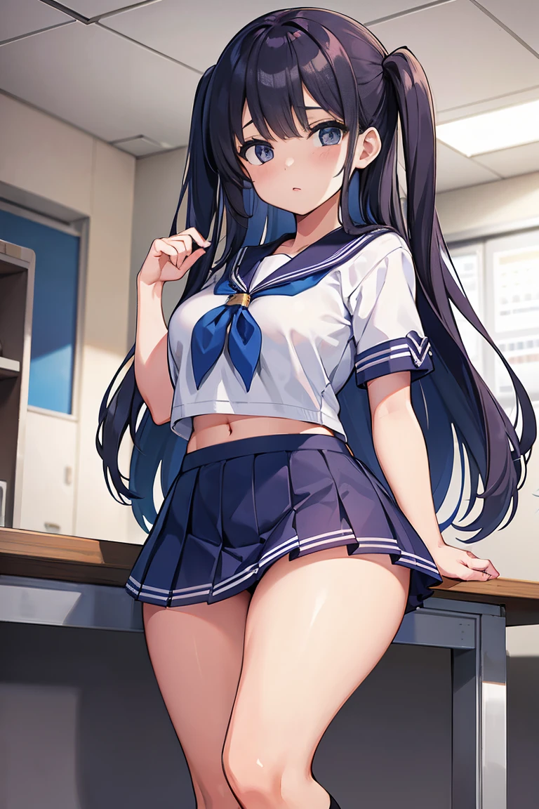 A high school girl wearing a thick miniskirt and sailor uniform in the health room