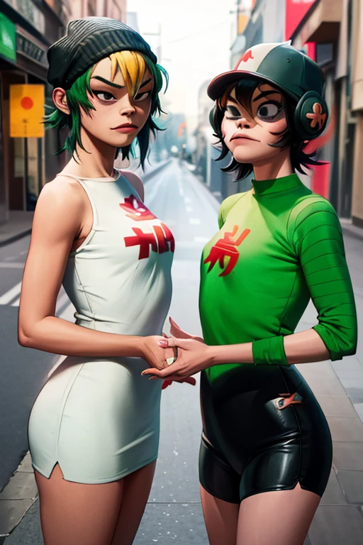 2girls, noodle (gorillaz), jsrgum, both wearing same outfit, shaking hands each other