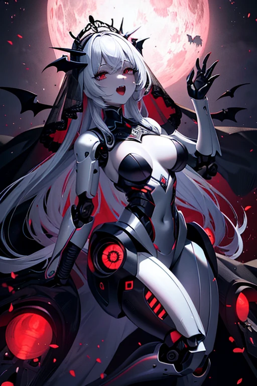 Top quality, masterpiece, very precise details, absurdity, very fine 8KCG wallpaper, very delicate and beautiful girl, highly detailed character, incredibly beautiful, (transcendent robot beautiful girl: 1.5), Dracula, black wedding dress, pale skin, black face veil, red eyes, red lipstick, (laughs with wide open mouth), long canines, half-closed eyes, bats, long nails, horror tone,