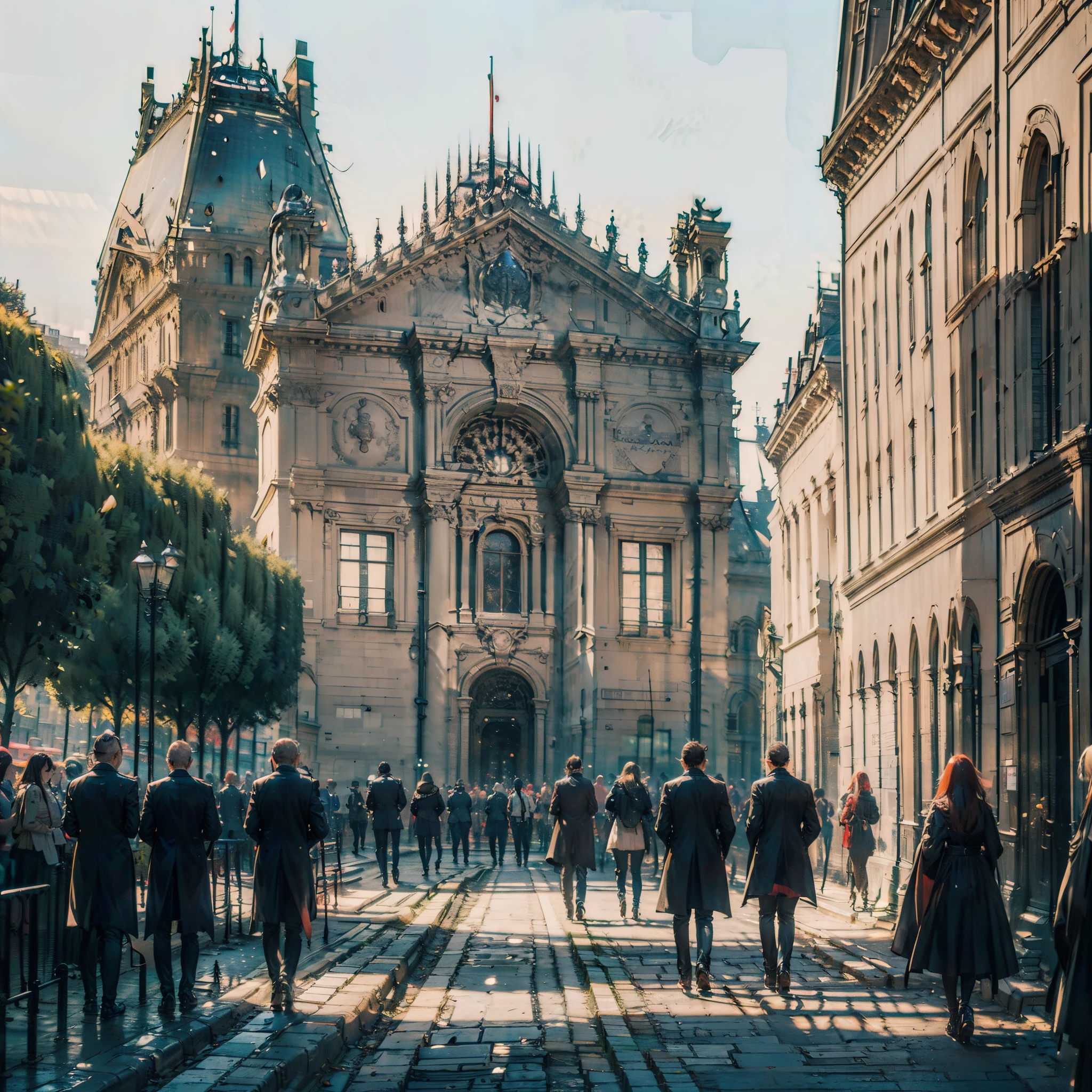 (Description: Beautiful Late Afternoon + at the Louvre in Paris, Sunset Street), (Paris style + French architecture), (High Quality + Best Lighting), (Beautiful Sunset) (blue / orange / red sky + birds), (Dynamic angles + continuous path), (Nostalgic + memory style + twilight), (main frame: street + building) +( empty streets, no people and no cars, just the beautiful architecture of Paris for contemplation)+(feeling of peace and tranquility).