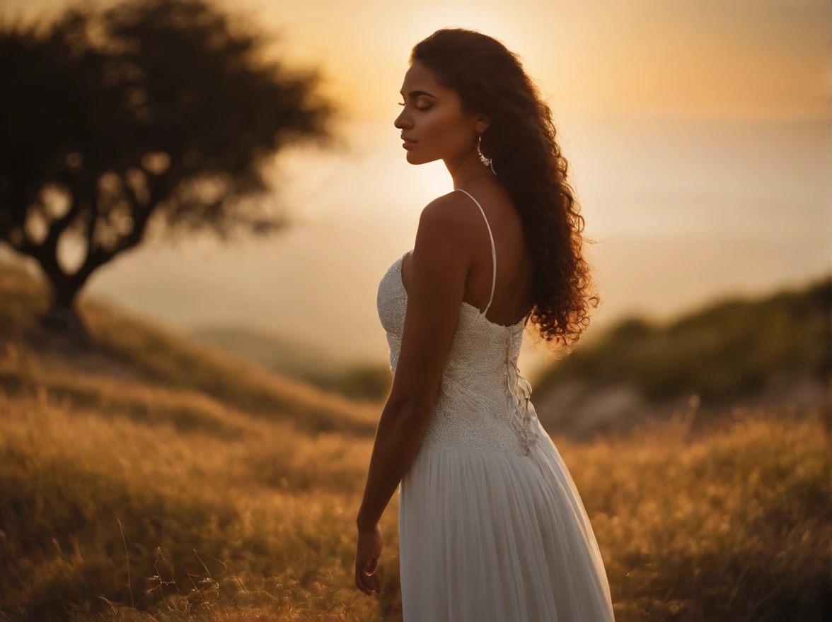 gere uma imagem de uma joven mujer de piel blanca, apparently about 20 years old. Ella tiene cabello negro con rizos cortos y abiertos y es delgada.. She is standing on top of a hill, with a sunny backdrop. The young woman looks at the sky with hopeful eyes and a serene expression., como si estuvieras contemplando algo maravilloso y lleno de esperanza. An image should have vibrant details and cores.. This image will be used as a book cover., then the top of the image should have a space to put the title of the book..