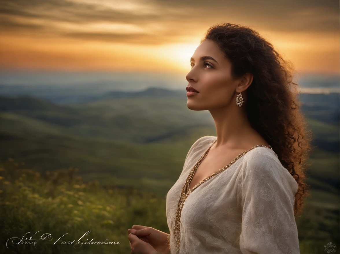 gere uma imagem de uma joven mujer de piel blanca, apparently about 20 years old. Ella tiene cabello negro con rizos cortos y abiertos y es delgada.. She is standing on top of a hill, with a sunny backdrop. The young woman looks at the sky with hopeful eyes and a serene expression., como si estuvieras contemplando algo maravilloso y lleno de esperanza. An image should have vibrant details and cores.. This image will be used as a book cover., then the top of the image should have a space to put the title of the book..