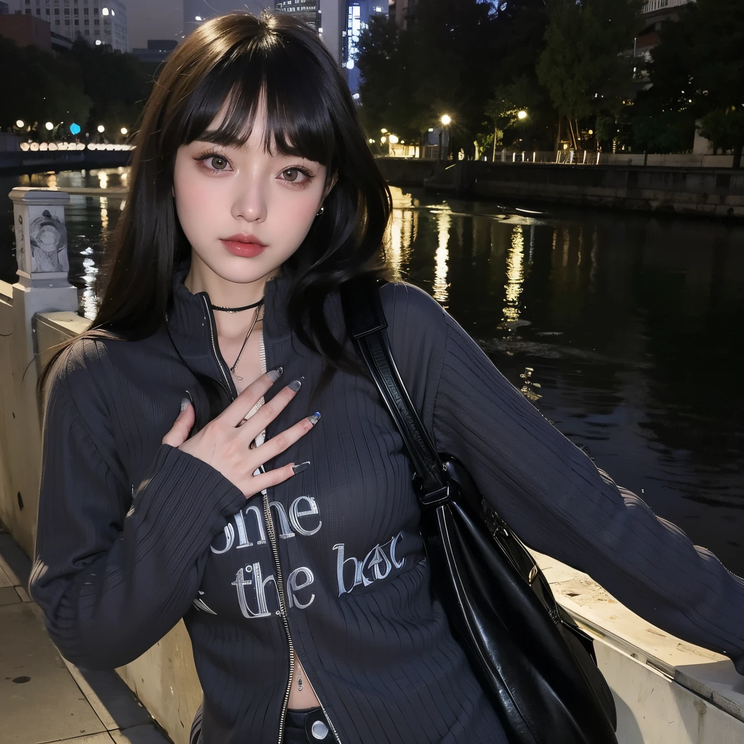 hay una mujer parada en un puente con una mano en el pecho, El Corte Hime, Estilo de Junji Ito, Ella tiene el pelo negro con flequillo, ulzzang, con flequillo, Modelo de ultra alta calidad, Estilo Junji Ito, Xintong Chen, con el pelo largo, chica atractiva, chica guapa, cruel korean goth girl, Cute