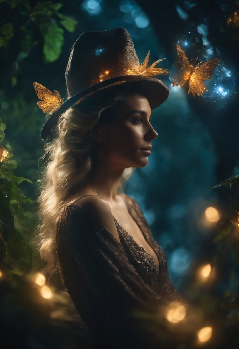 sexy full shot body photo of the most beautiful artwork in the world, illustration, cinematic light, fantasy, highres, highest quallity, ultra detailed, best quality, masterpiece, (detailed face), sexy mature woman wears a shirt and (torn) fullbody (transparent galaxy) cloths coat, floating cloth, choker, glowing (elder underworld fantasy) forest plants with neon details, open shoulders, tiny glowing butterfly, hair jewery, wearing a torn witch hat, (focus on body:1.25), night, small mutated animals in background, torn mini skirt ,a potion on hip, shoulder pads emitting magic energy, cameltoe, dark, light reflection