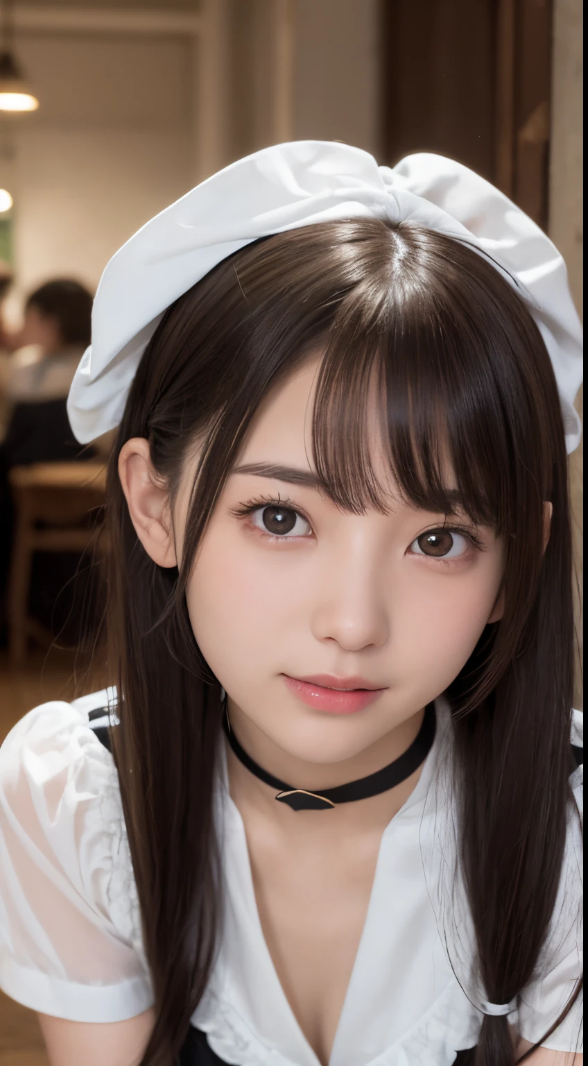 NFSW、Masterpiece、masterpiece、1 girl per 1 photo、(close up of face、cowboy shot)、Straight front view、japanes、Very young pretty woman、(The cutest girl in the world)、12year old、smaller face、large full breasts、cleavage of the breast、Wearing a cute black maid outfit with short sleeves silky satin、Ultra-detailed costumes、Smiling in a café、Headdress with black ribbon、scrunchie、a black choker、Glamorous figure、hyper cute face、shiny lip、Double eyelids in both eyes、 natural make up、long eyeslashes、Shiny smooth light brown hair、bangss、short twin tail hair、asymmetrical bangs、image in center、8K分辨率、high détails、Detailed hairstyles、A detailed face、spectacular movie lighting、octane renderings、with a vibrant、Ultra-realistic、Perfect limbs、perfect anatomia