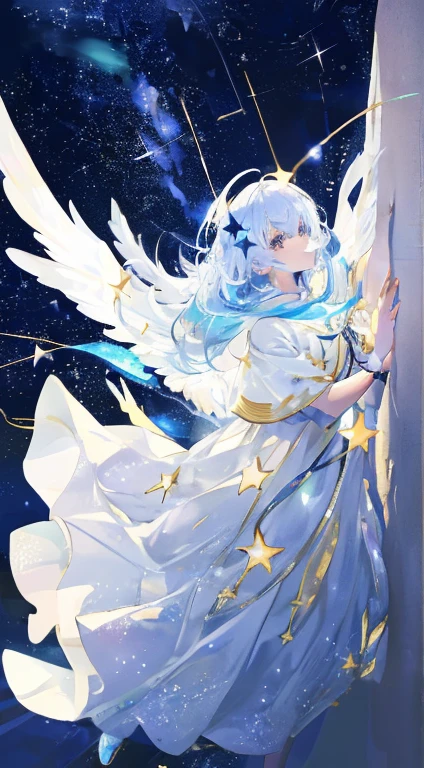 masutepiece, Best Quality,hight resolution, 1girll, long_white_hair, Stars in the eyes, toView_through, ((Sparkling dazzling lighting)), (Luminous), detailed shadow, meteors, Stars, milkyway, Starcloud, White dress with wings Star in a white dress, messy floating hair, Colored inner hair, Starry sky adorns hair, chiffon, Rip, Stars, White theme