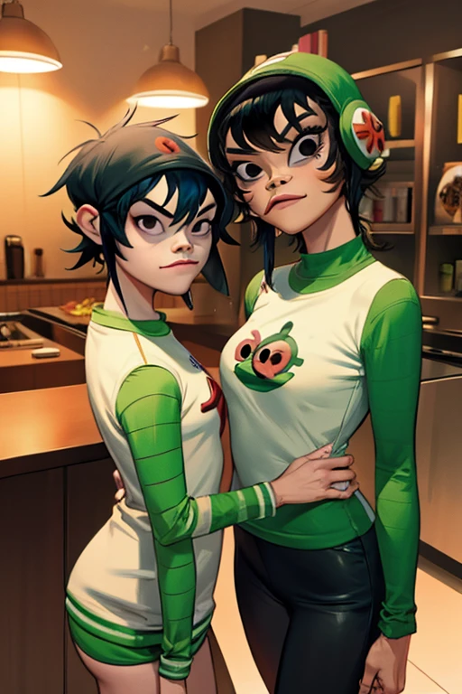 2girls, masterpiece, noodle (gorillaz), jsrgum, both wearing same outfit, shaking hands each other, party club