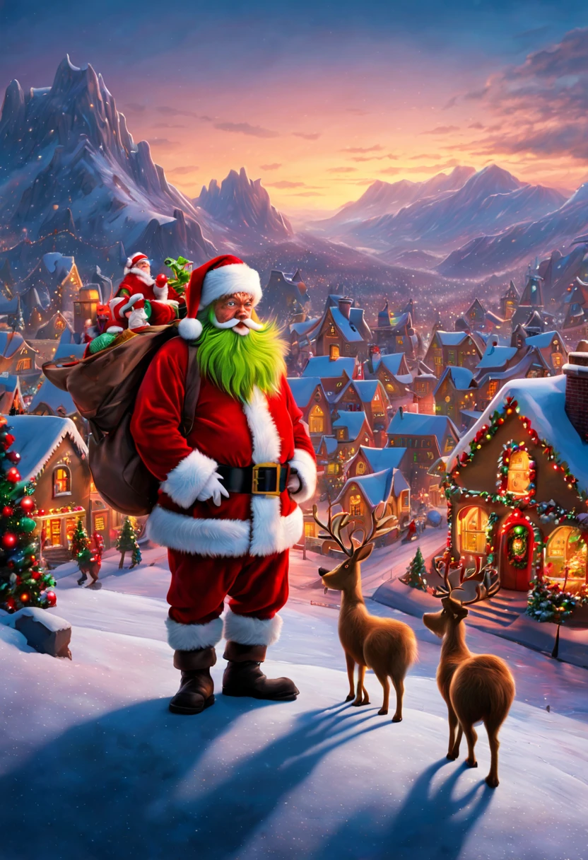 ((A lonely guy known as "The Grinch" lives on the top of a mountain. At the foot of the mountain is a town as beautiful as gingerbread, Whoville.As the town of Whoville prepares for Christmas, the Grinch plans to ruin the holiday for everyone.The Grinch, who hates Christmas due to his childhood shadow, hatches a plan to pretend to be Santa Claus along with his dog, Max, and an overweight reindeer named Fred, and steal all the goods in the town. Christmas gifts, food and various decorations)), (traditional art, illustratio, Exquisite、Best quality、ultra - detailed、nice、Positioning details,RGB color, Surrealism, Luminism, Ghibli-like colours, Verism, UHD, masterpiece, ccurate, anatomically correct, textured skin, super detail, high quality, award winning, best quality, 8k,vibrant with colors,high saturated, ultra-wide-angle, (Santa Claus beard: 1.5), En plein air, Pixar)