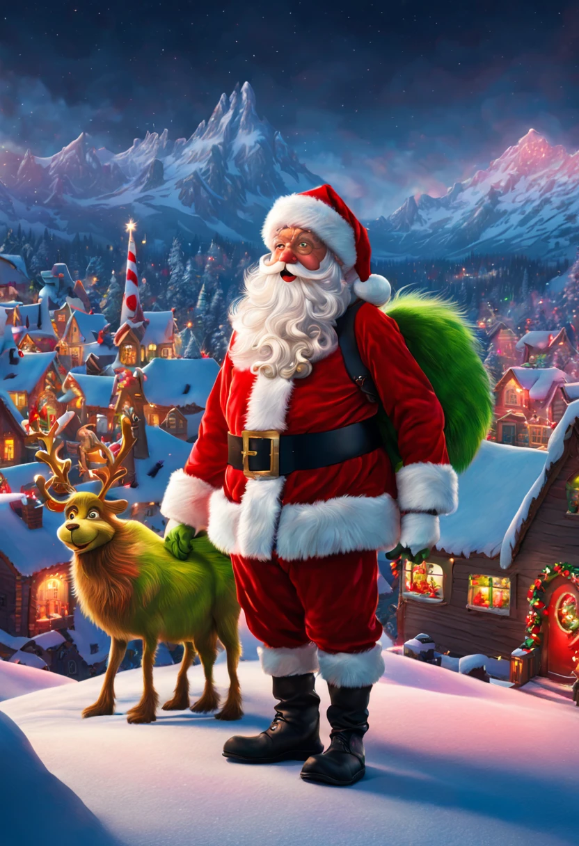 ((A lonely guy known as "The Grinch" lives on the top of a mountain. At the foot of the mountain is a town as beautiful as gingerbread, Whoville.As the town of Whoville prepares for Christmas, the Grinch plans to ruin the holiday for everyone.The Grinch, who hates Christmas due to his childhood shadow, hatches a plan to pretend to be Santa Claus along with his dog, Max, and an overweight reindeer named Fred, and steal all the goods in the town. Christmas gifts, food and various decorations)), (traditional art, illustratio, Exquisite、Best quality、ultra - detailed、nice、Positioning details，RGB color, Surrealism, Luminism, Ghibli-like colours, Verism, UHD, masterpiece, ccurate, anatomically correct, textured skin, super detail, high quality, award winning, best quality, 8k，vibrant with colors，high saturated, ultra-wide-angle, (Santa Claus beard: 1.5), En plein air, Pixar)