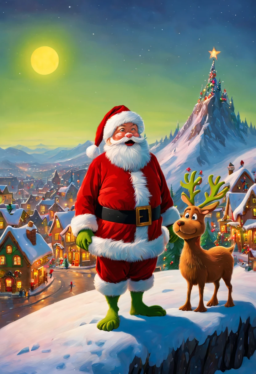 ((A lonely guy known as "The Grinch" lives on the top of a mountain. At the foot of the mountain is a town as beautiful as gingerbread, Whoville.As the town of Whoville prepares for Christmas, the Grinch plans to ruin the holiday for everyone.The Grinch, who hates Christmas due to his childhood shadow, hatches a plan to pretend to be Santa Claus along with his dog, Max, and an overweight reindeer named Fred, and steal all the goods in the town. Christmas gifts, food and various decorations)), (traditional art, illustratio, Exquisite、Best quality、ultra - detailed、nice、Positioning details,RGB color, Surrealism, Luminism, Ghibli-like colours, Verism, UHD, masterpiece, ccurate, anatomically correct, textured skin, super detail, high quality, award winning, best quality, 8k,vibrant with colors,high saturated, ultra-wide-angle, (Santa Claus beard: 1.5), En plein air, Pixar)