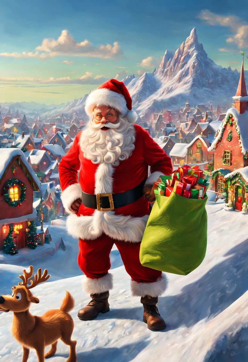 ((A lonely guy known as "The Grinch" lives on the top of a mountain. At the foot of the mountain is a town as beautiful as gingerbread, Whoville.As the town of Whoville prepares for Christmas, the Grinch plans to ruin the holiday for everyone.The Grinch, who hates Christmas due to his childhood shadow, hatches a plan to pretend to be Santa Claus along with his dog, Max, and an overweight reindeer named Fred, and steal all the goods in the town. Christmas gifts, food and various decorations)), (traditional art, illustratio, Exquisite、Best quality、ultra - detailed、nice、Positioning details，RGB color, Surrealism, Luminism, Ghibli-like colours, Verism, UHD, masterpiece, ccurate, anatomically correct, textured skin, super detail, high quality, award winning, best quality, 8k，vibrant with colors，high saturated, ultra-wide-angle, (Santa Claus beard: 1.5), En plein air, Pixar)